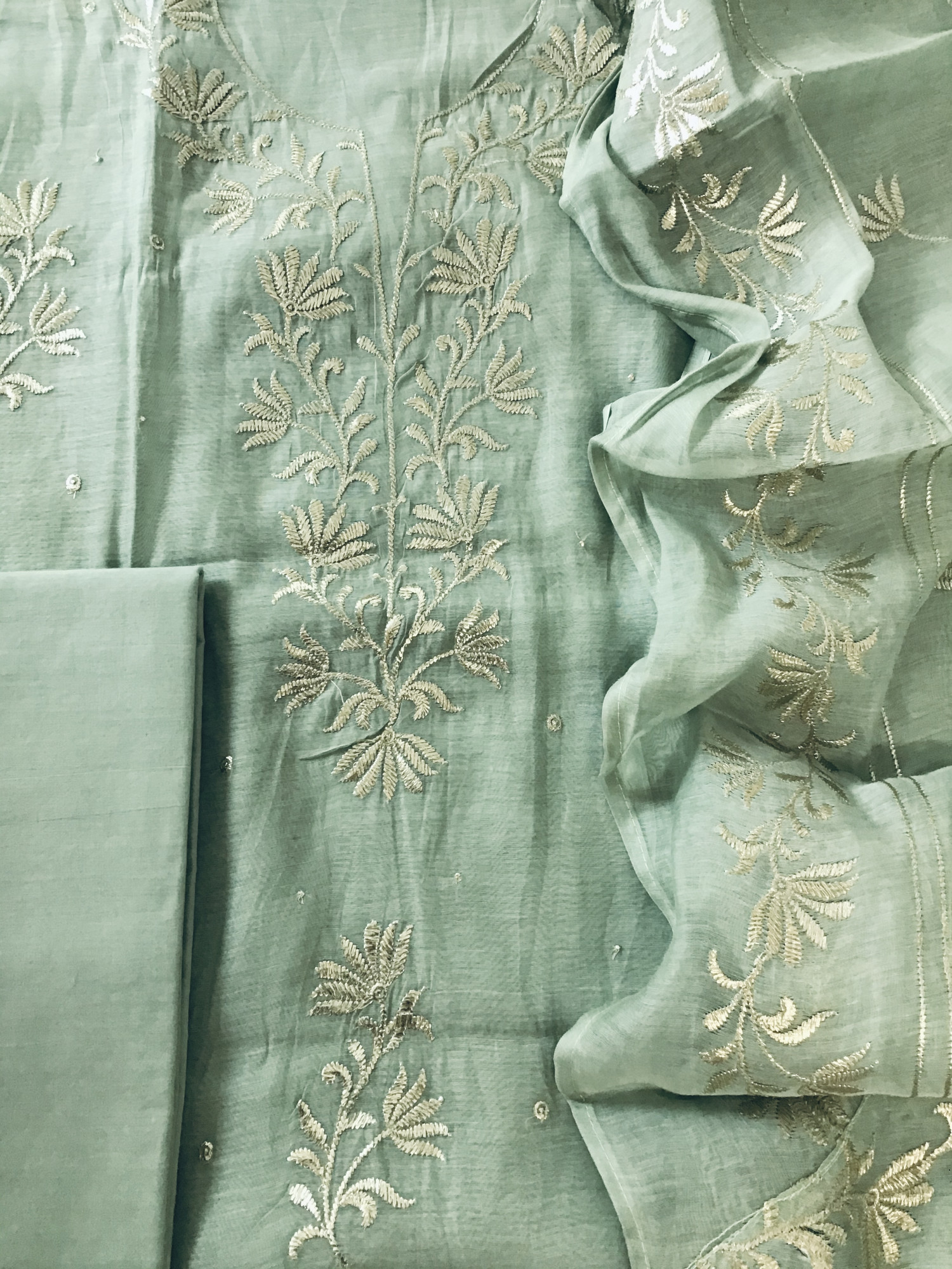 Pure Mul Chanderi Embroidered Suit - Green