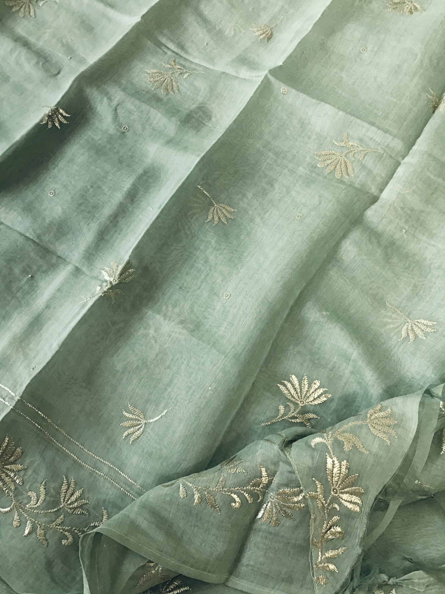 Pure Mul Chanderi Embroidered Suit - Green