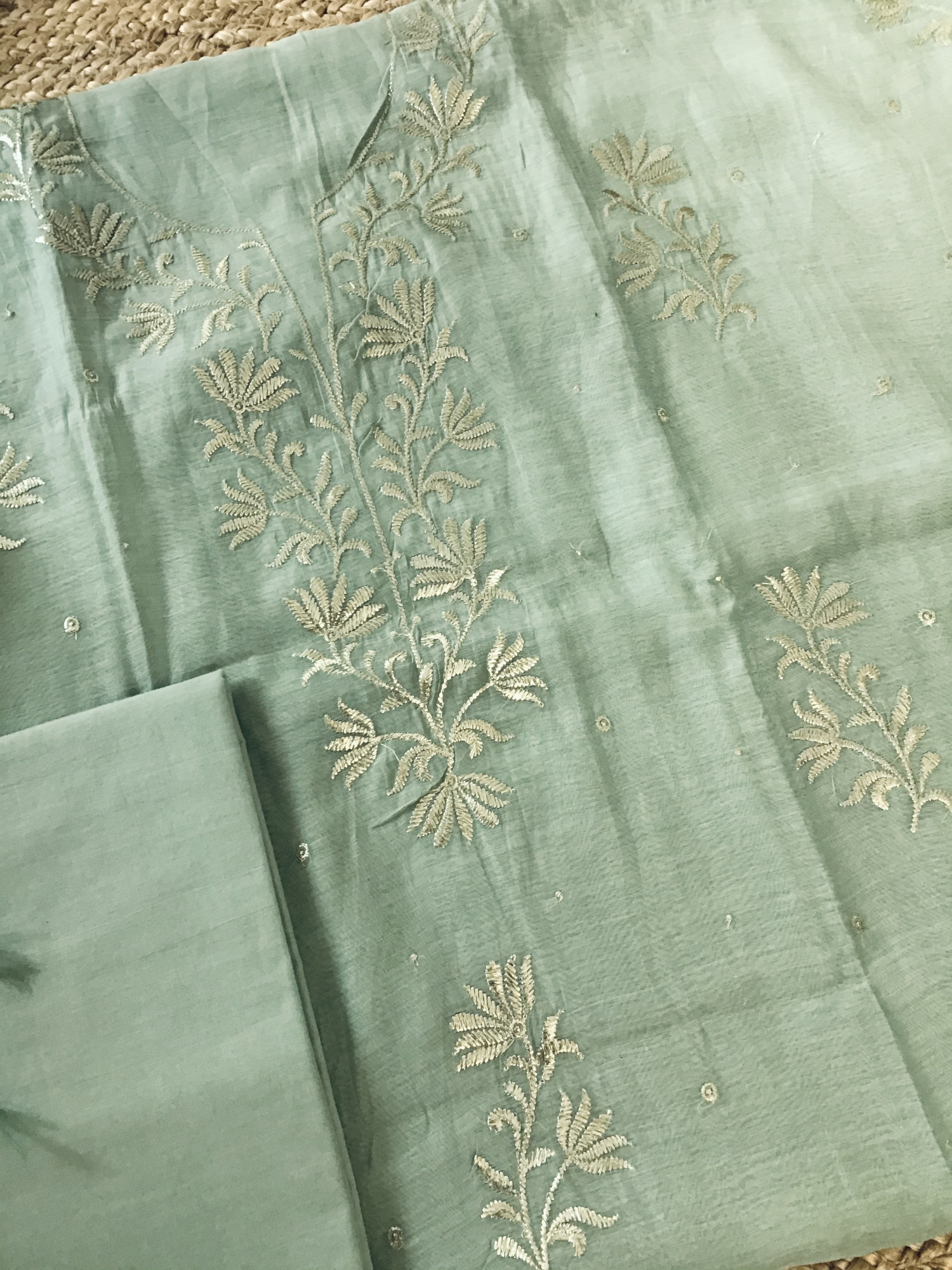 Pure Mul Chanderi Embroidered Suit - Green
