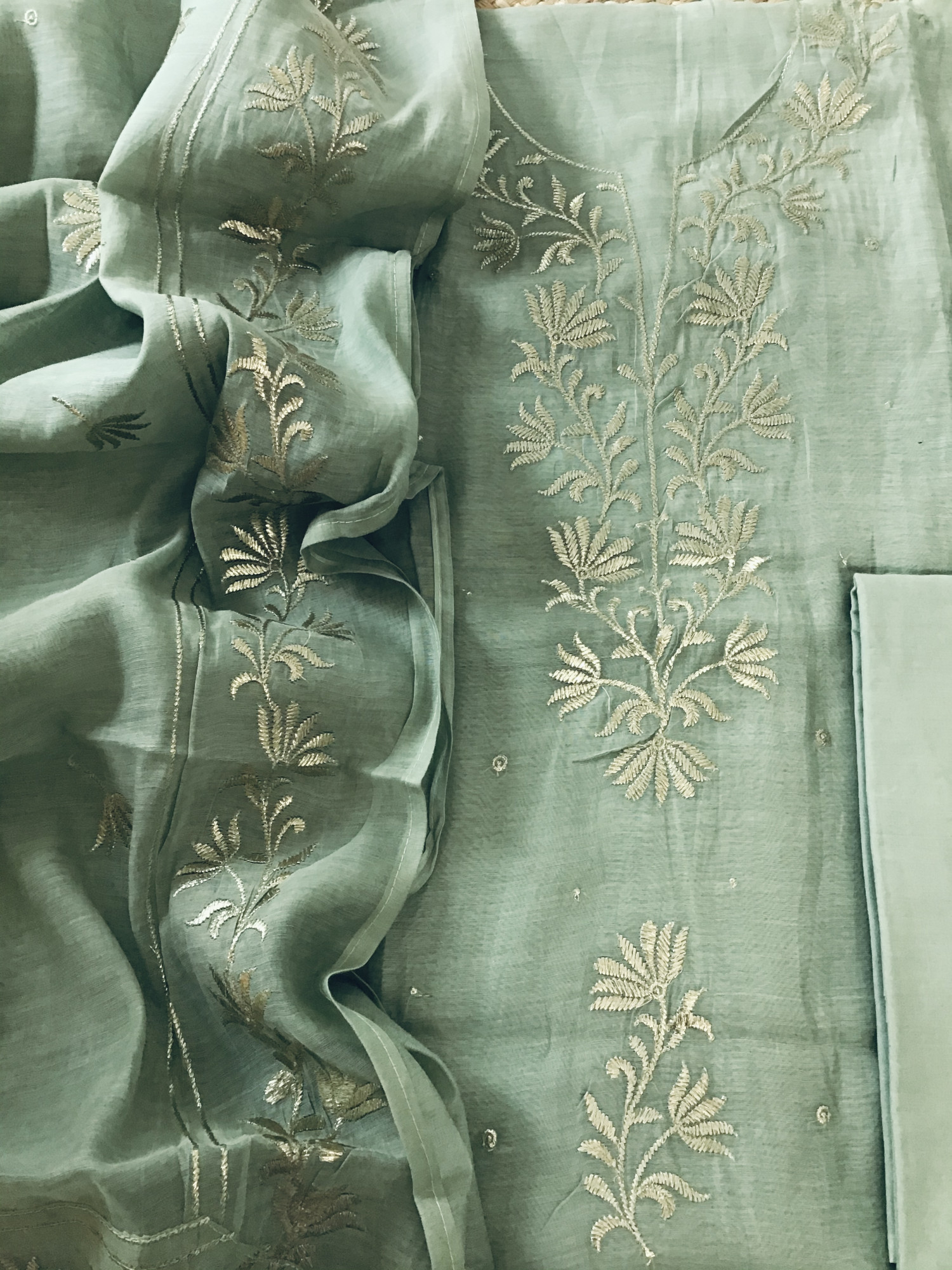 Pure Mul Chanderi Embroidered Suit - Green