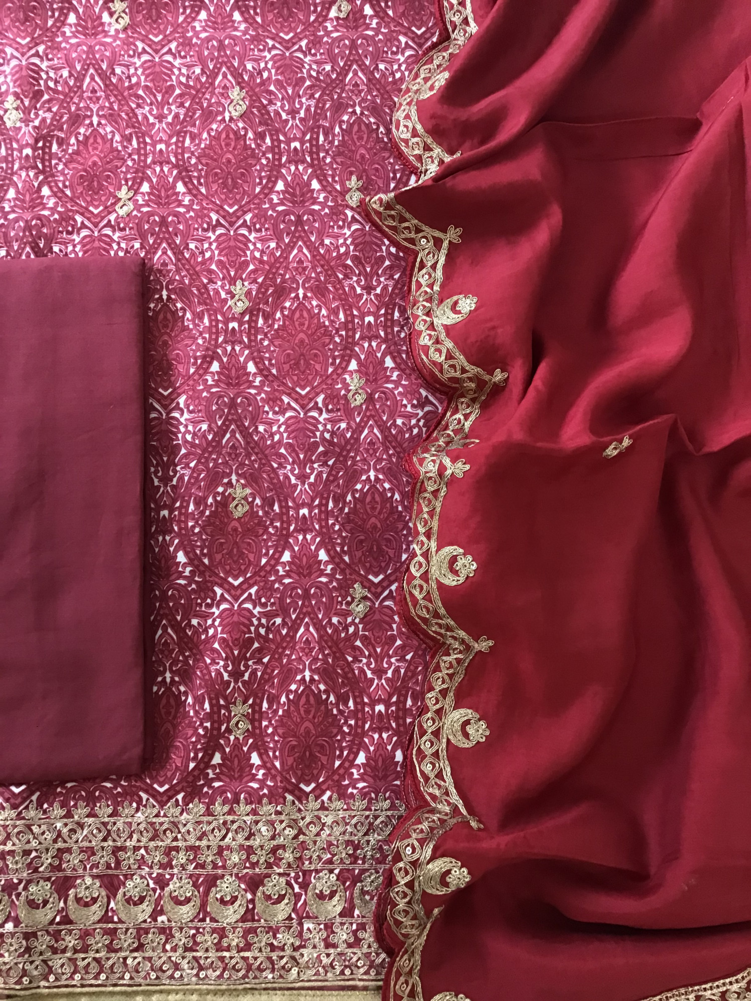 Pure Linen Cotton Silk Printed Embroidered Suit - Maroon