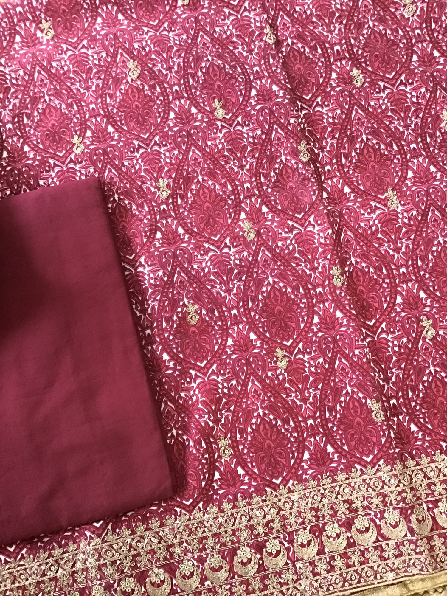 Pure Linen Cotton Silk Printed Embroidered Suit - Maroon