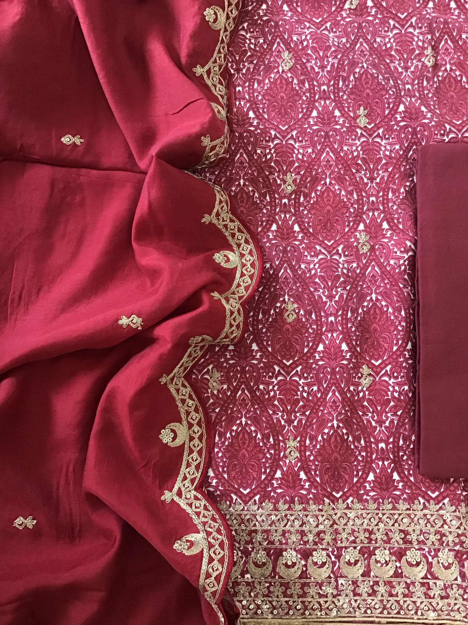 Pure Linen Cotton Silk Printed Embroidered Suit - Maroon