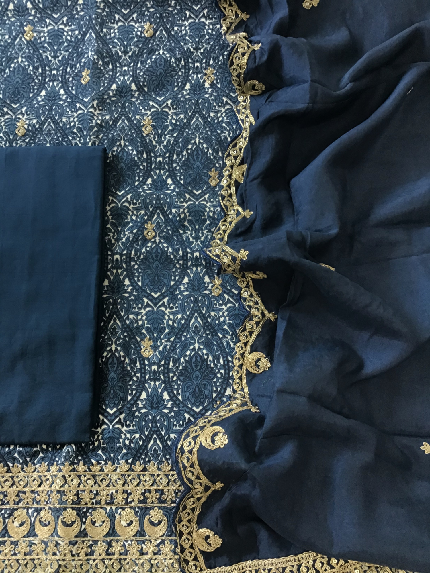 Pure Linen Cotton Silk Printed Embroidered Suit - Blue