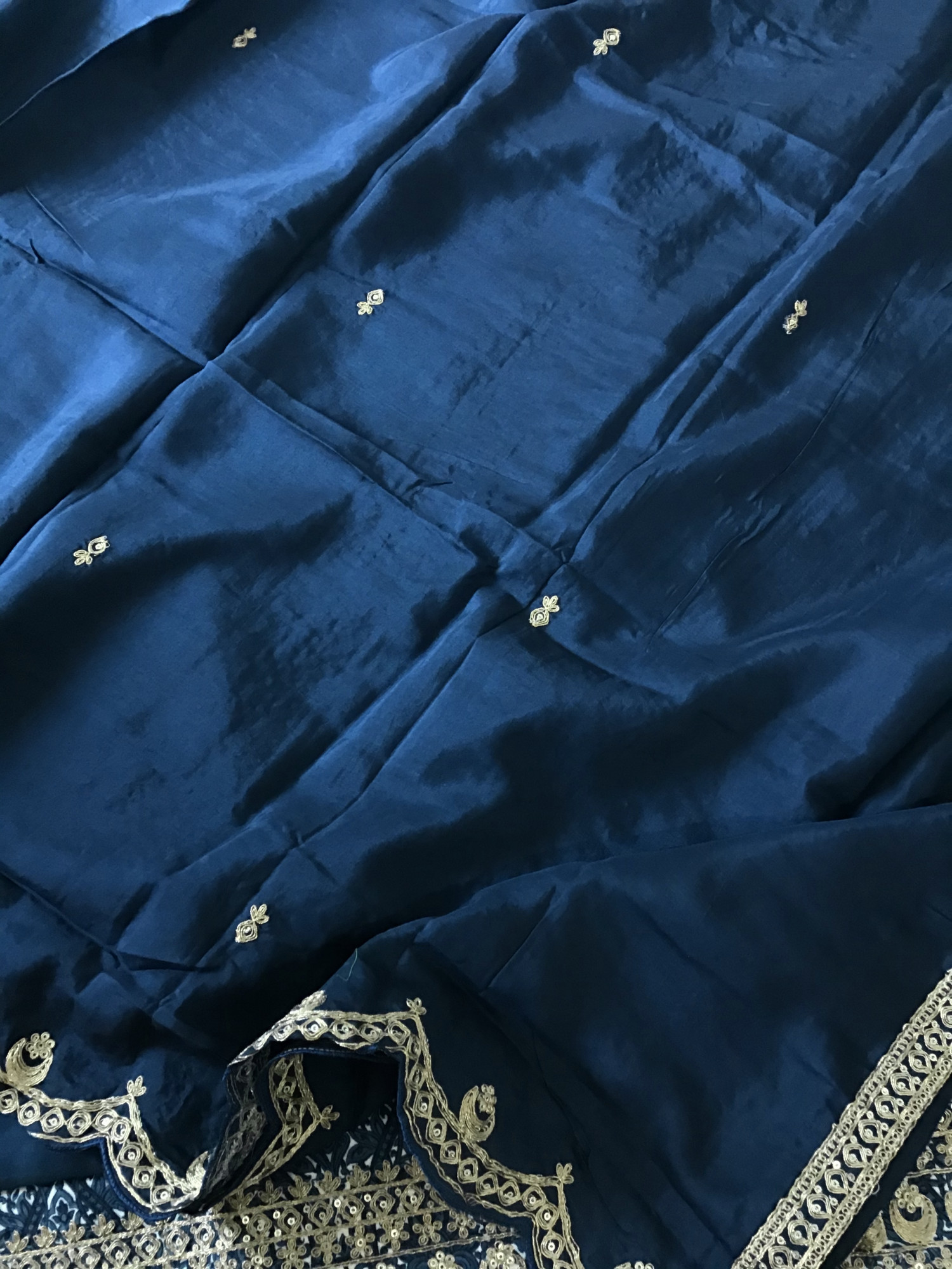 Pure Linen Cotton Silk Printed Embroidered Suit - Blue