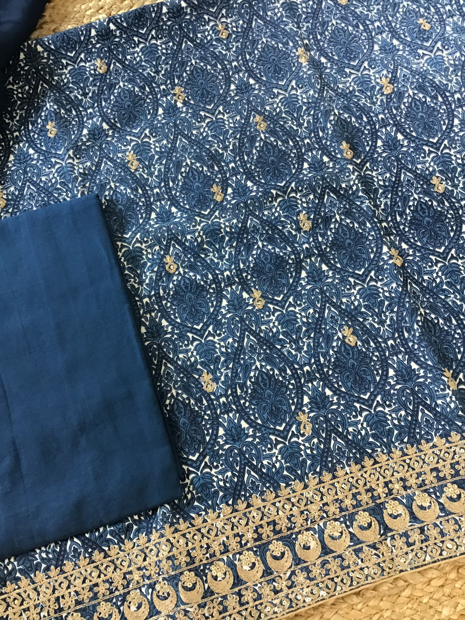 Pure Linen Cotton Silk Printed Embroidered Suit - Blue