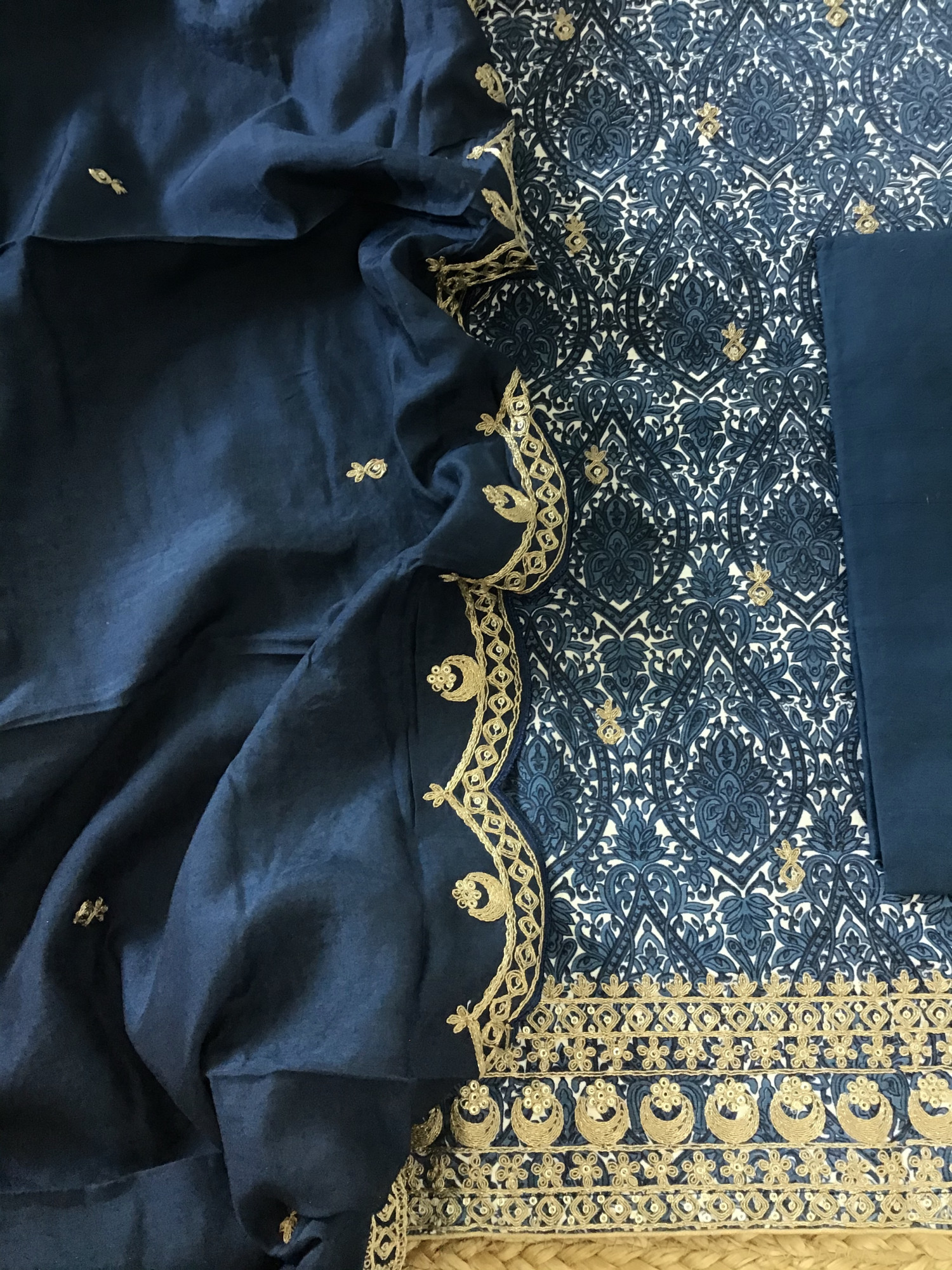 Pure Linen Cotton Silk Printed Embroidered Suit - Blue