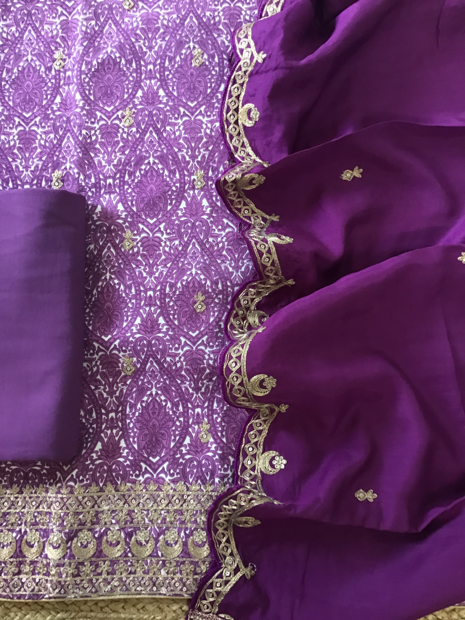 Pure Linen Cotton Silk Printed Embroidered Suit - Purple