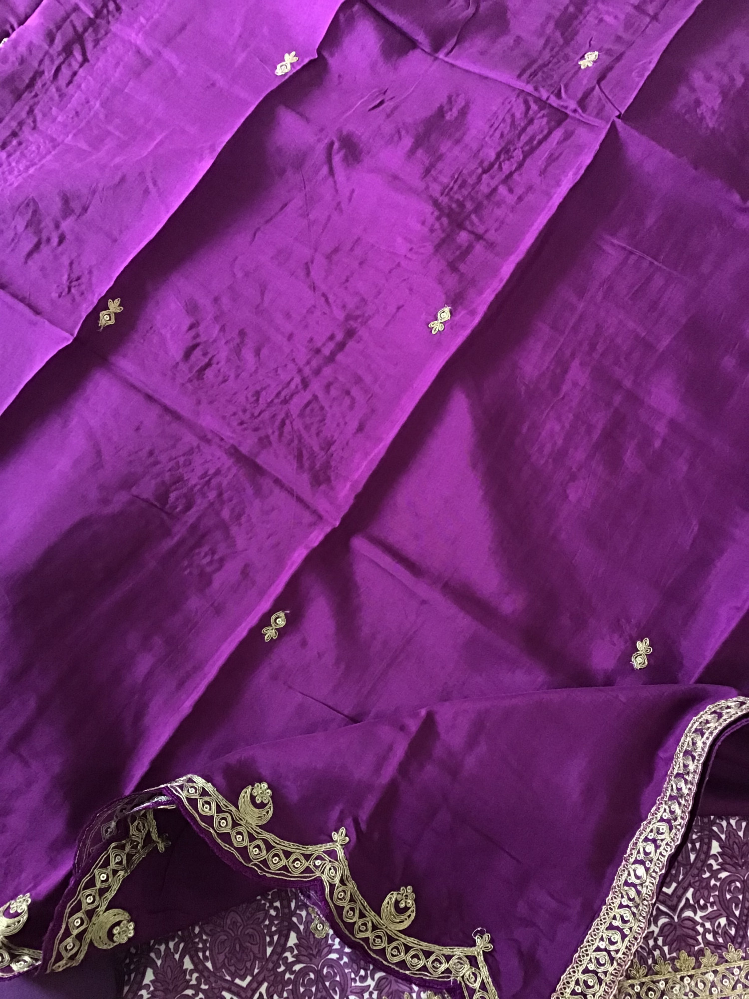 Pure Linen Cotton Silk Printed Embroidered Suit - Purple