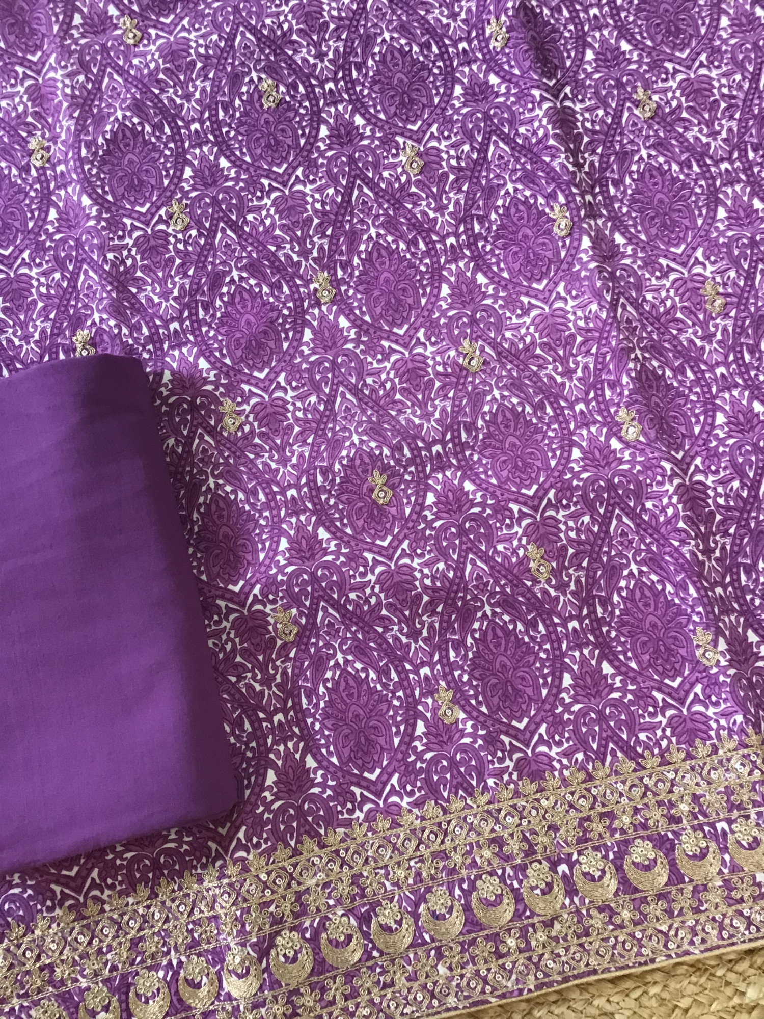 Pure Linen Cotton Silk Printed Embroidered Suit - Purple