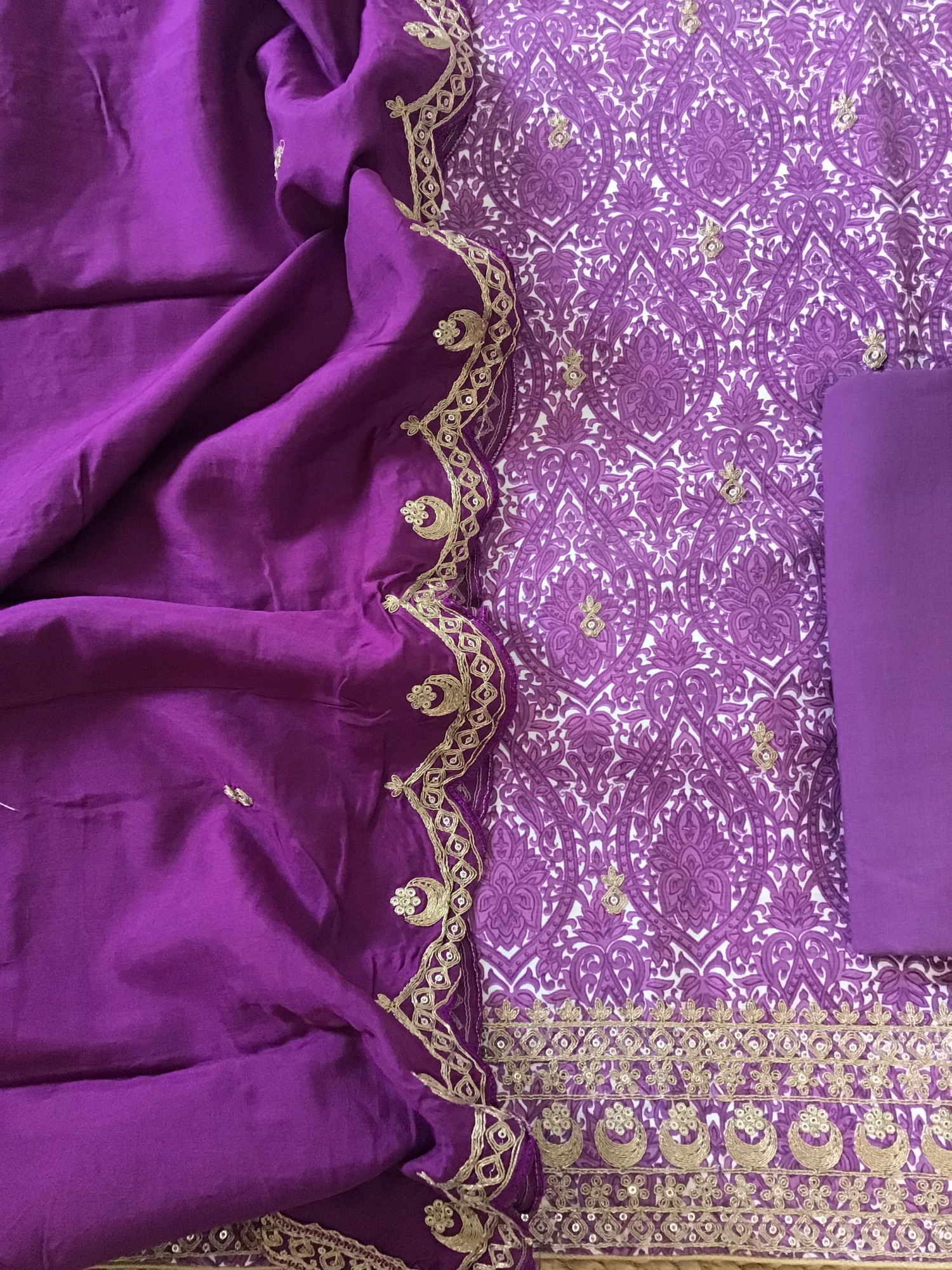 Pure Linen Cotton Silk Printed Embroidered Suit - Purple