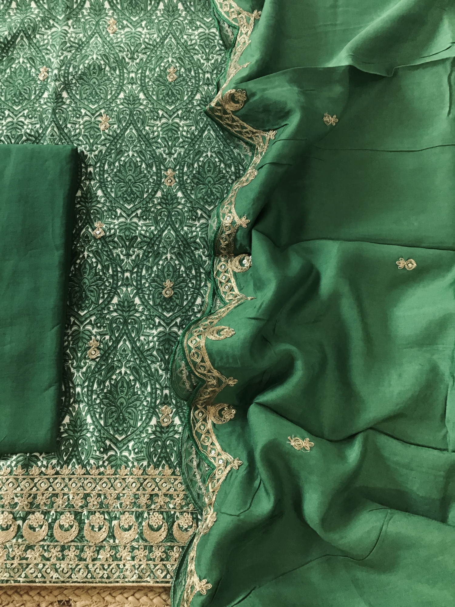 Pure Linen Cotton Silk Printed Embroidered Suit - Green