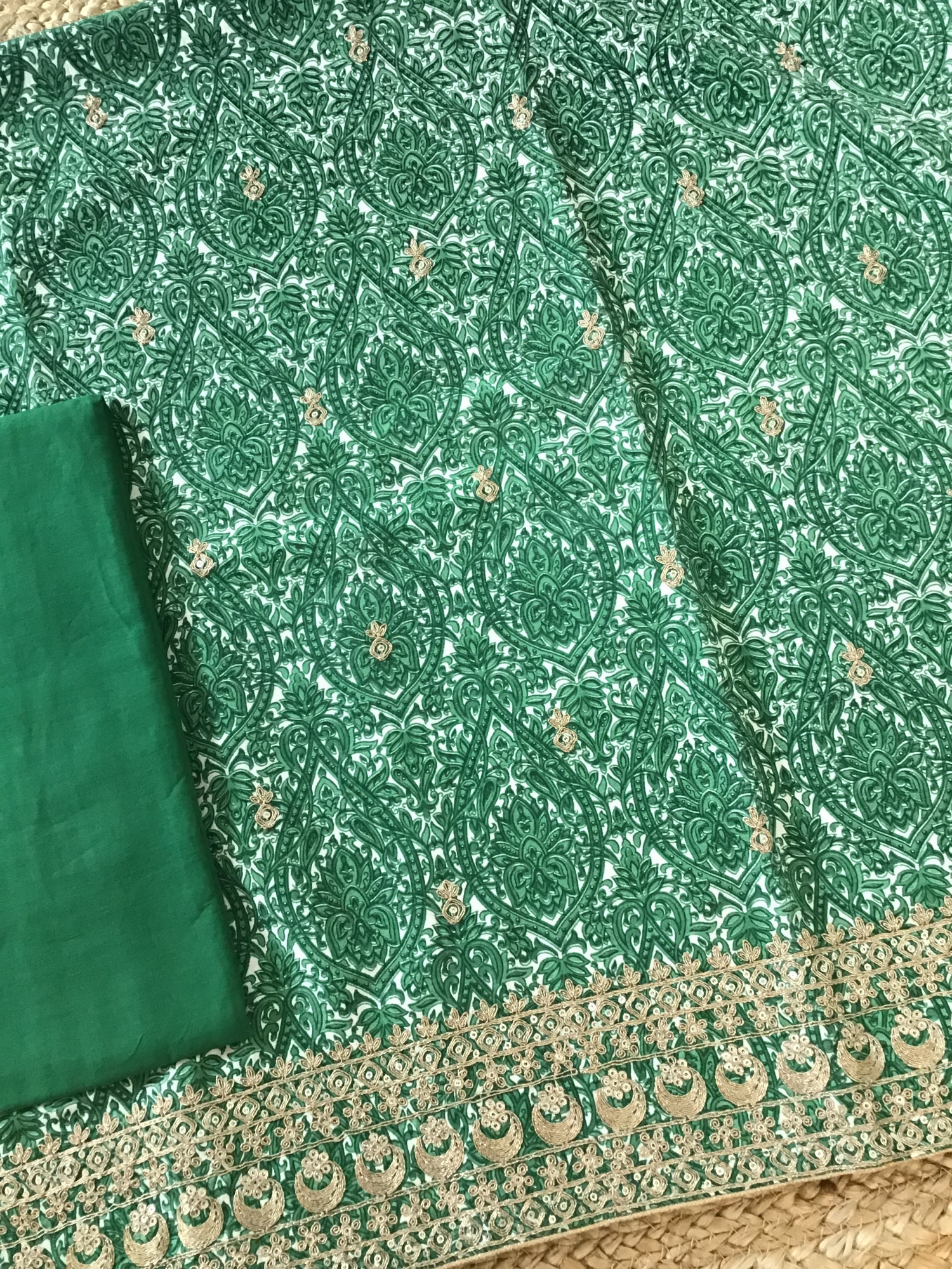 Pure Linen Cotton Silk Printed Embroidered Suit - Green