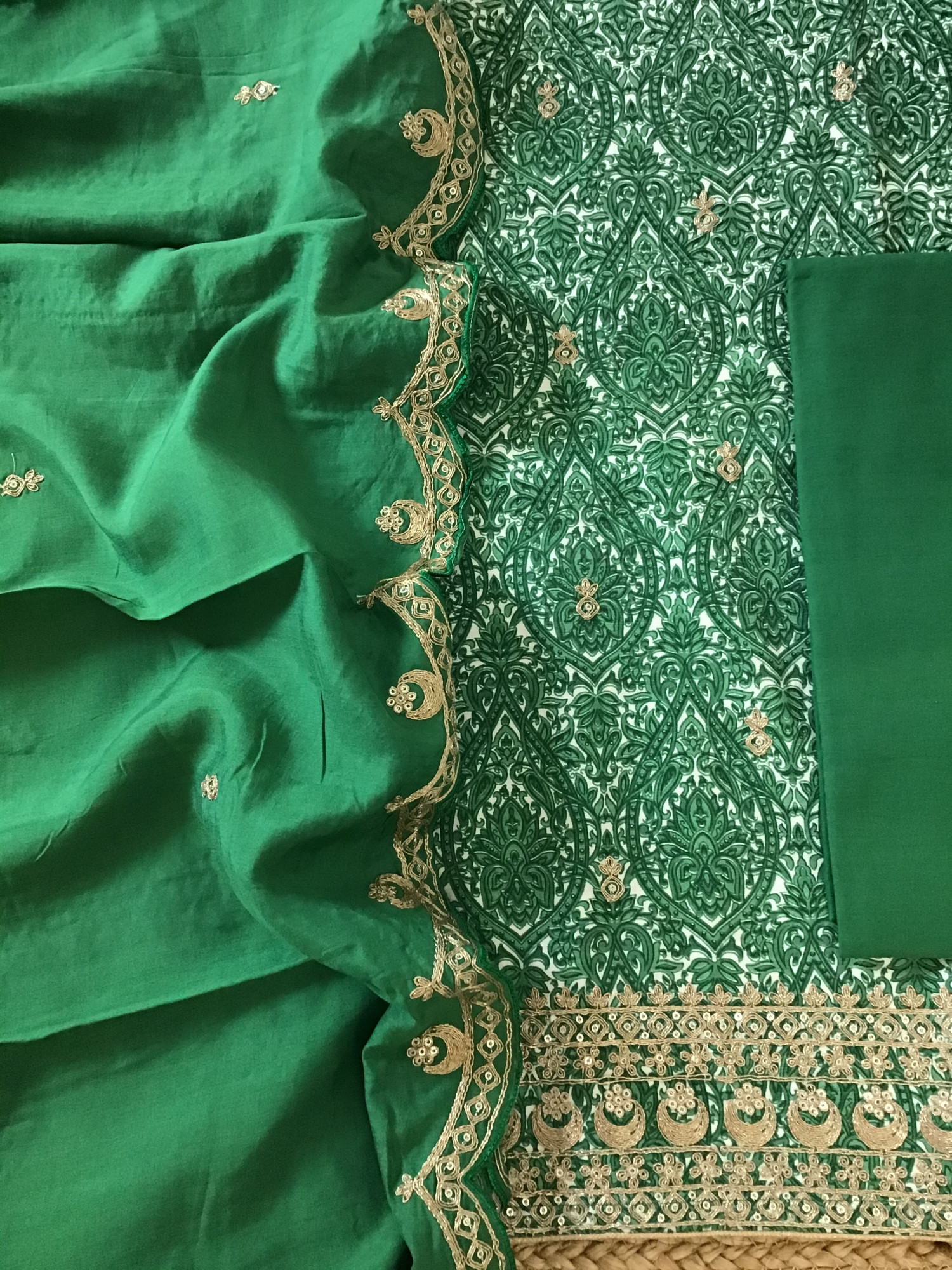 Pure Linen Cotton Silk Printed Embroidered Suit - Green