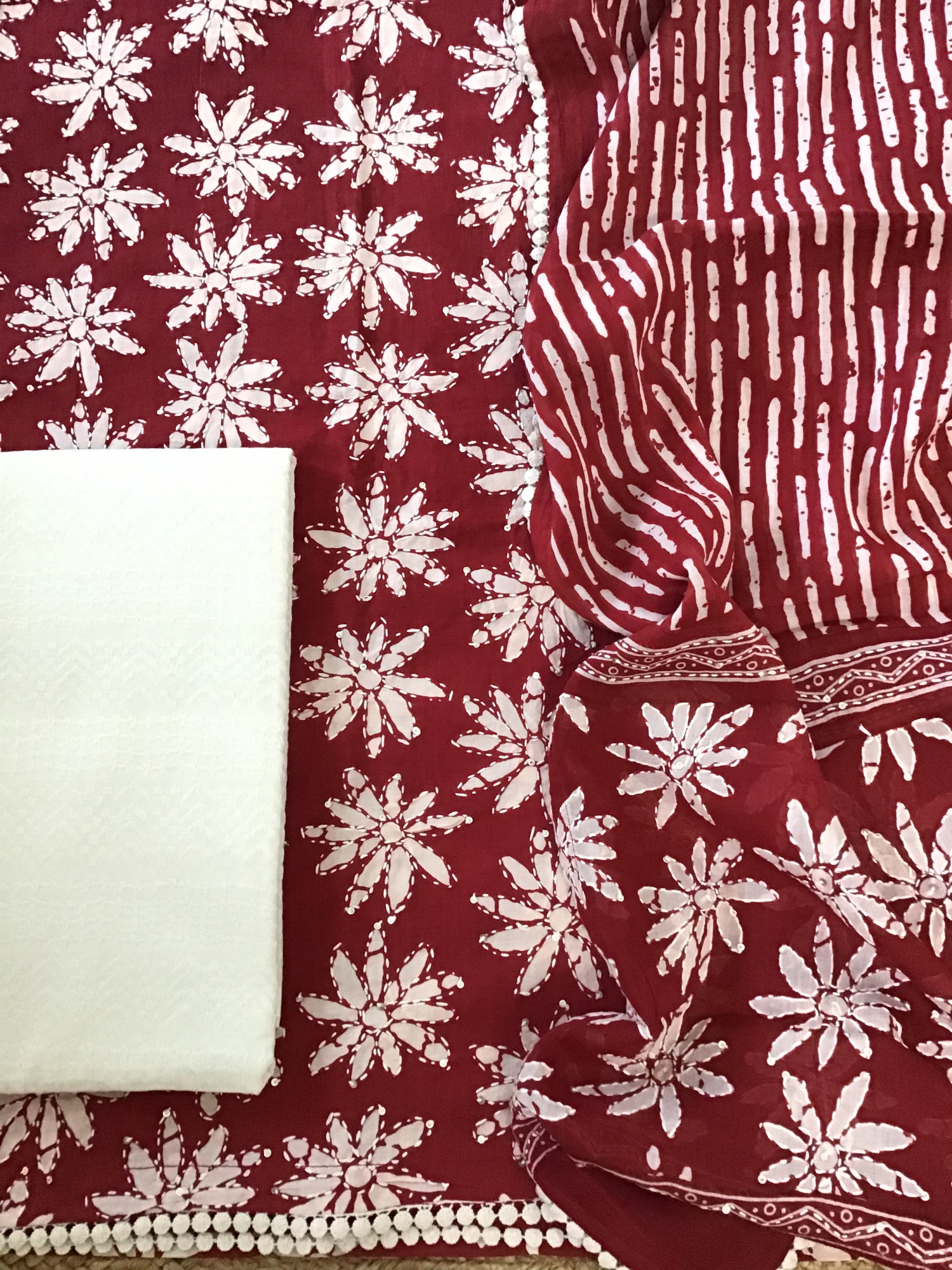 Pure Fine Cotton Printed Embroidered Suit - Maroon