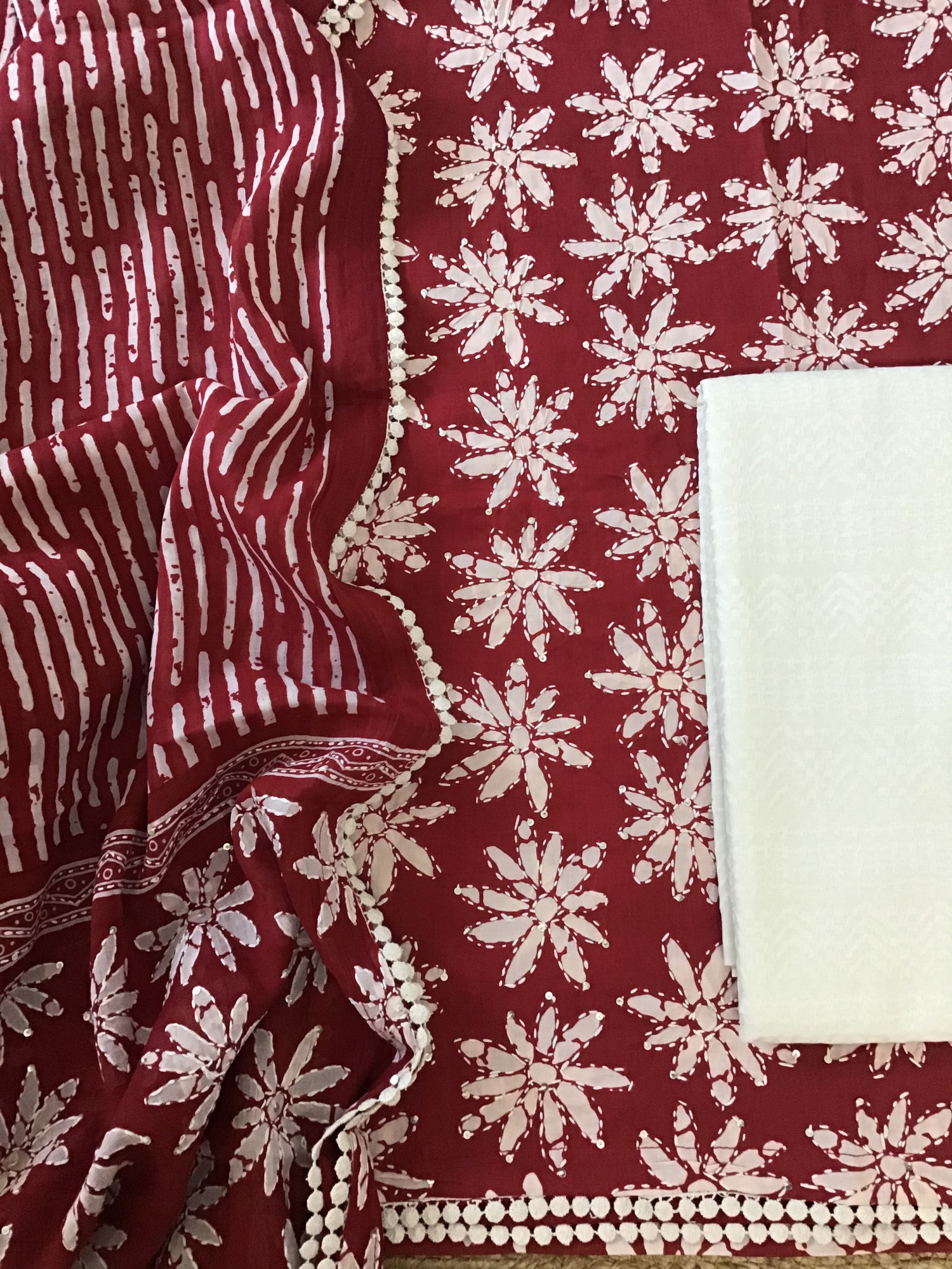 Pure Fine Cotton Printed Embroidered Suit - Maroon