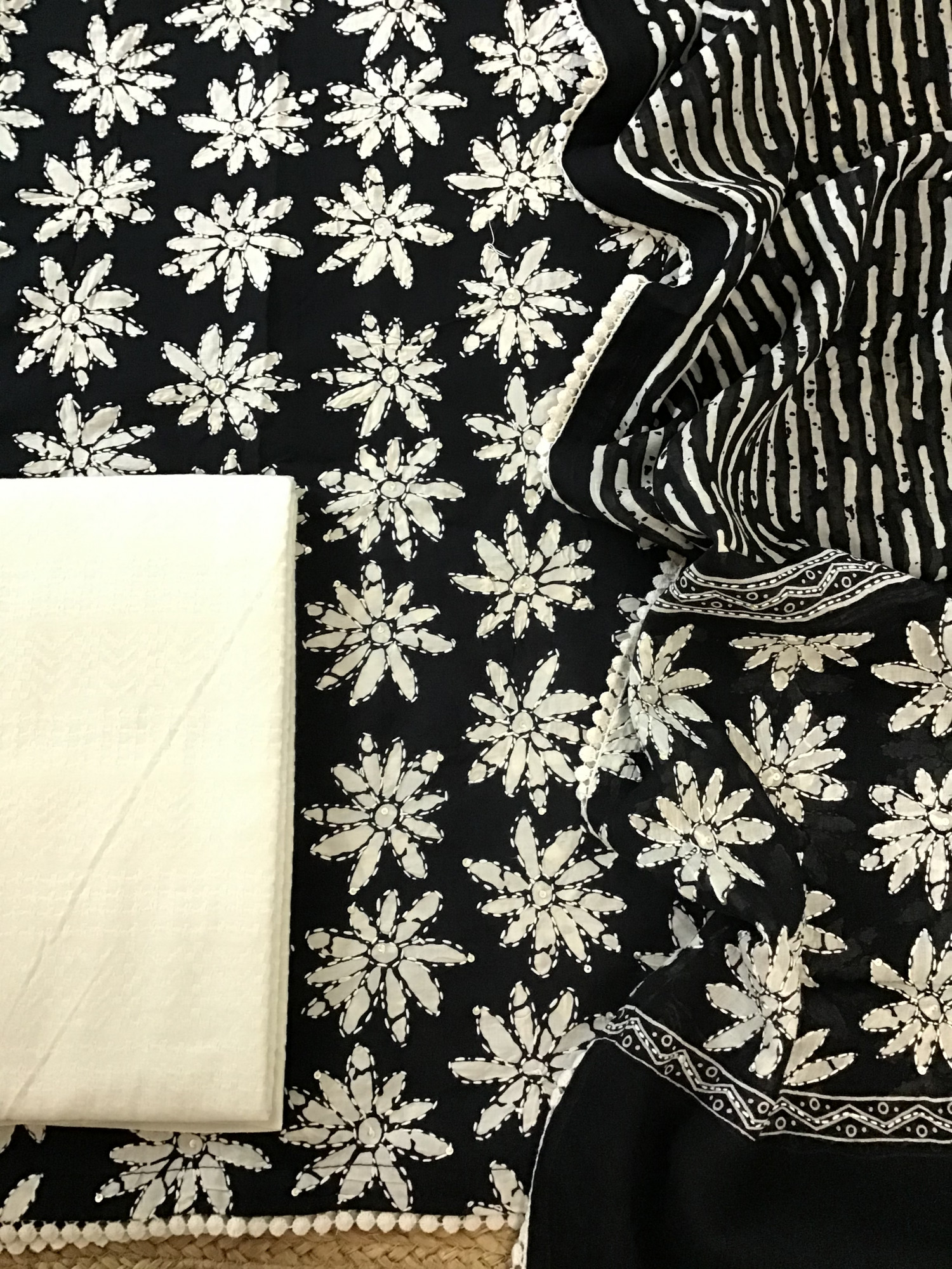 Pure Fine Cotton Printed Embroidered Suit - Black