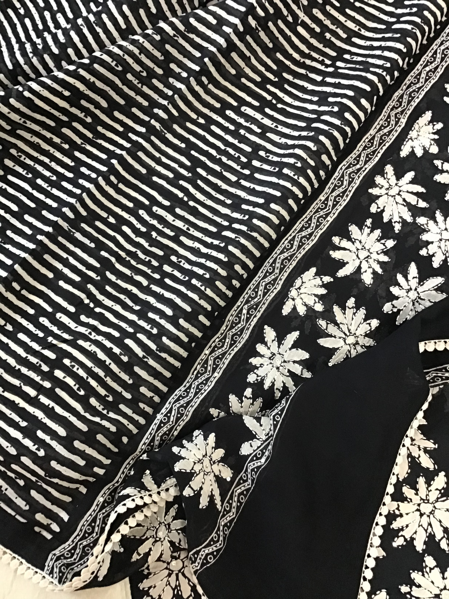 Pure Fine Cotton Printed Embroidered Suit - Black