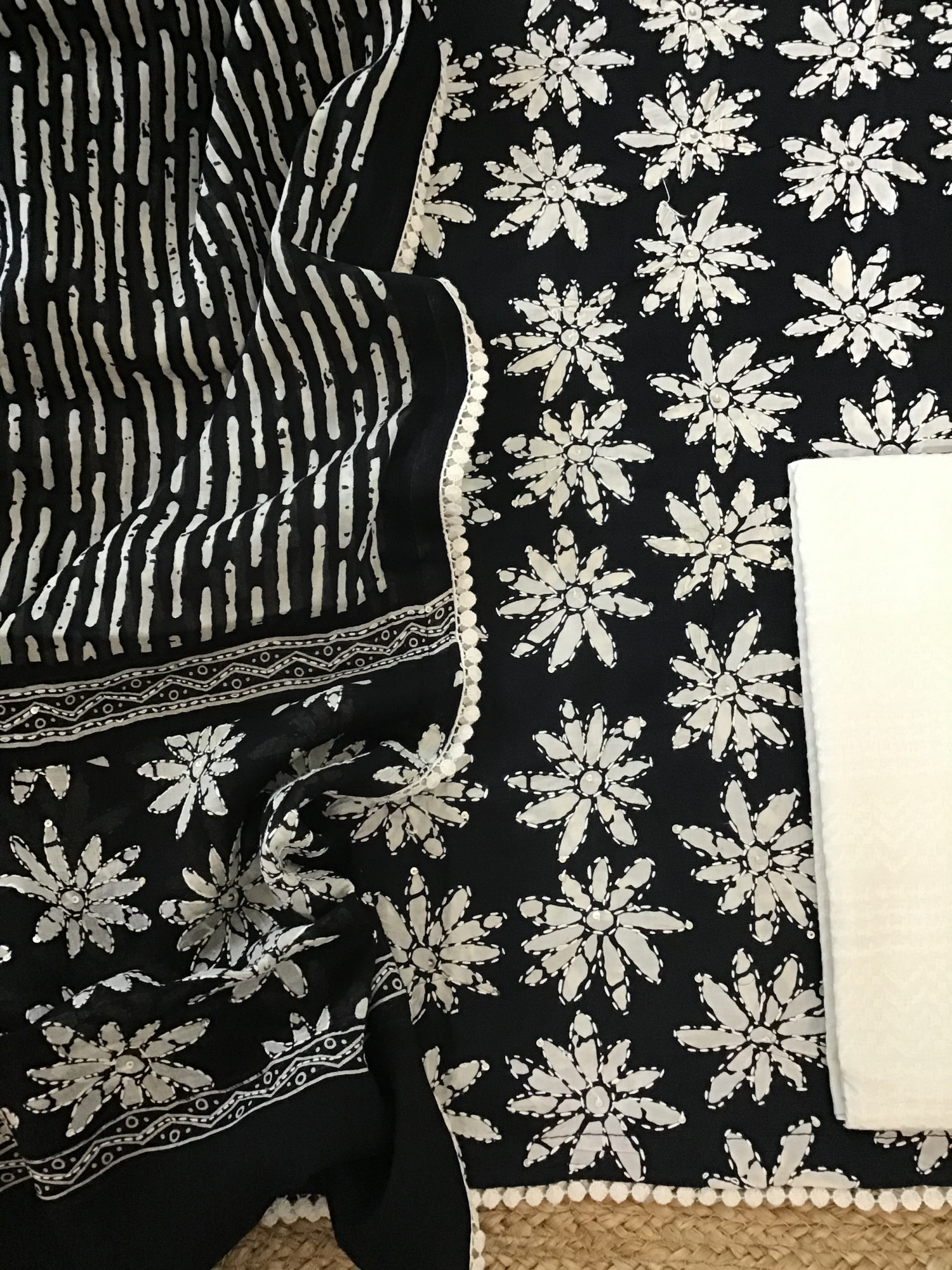 Pure Fine Cotton Printed Embroidered Suit - Black