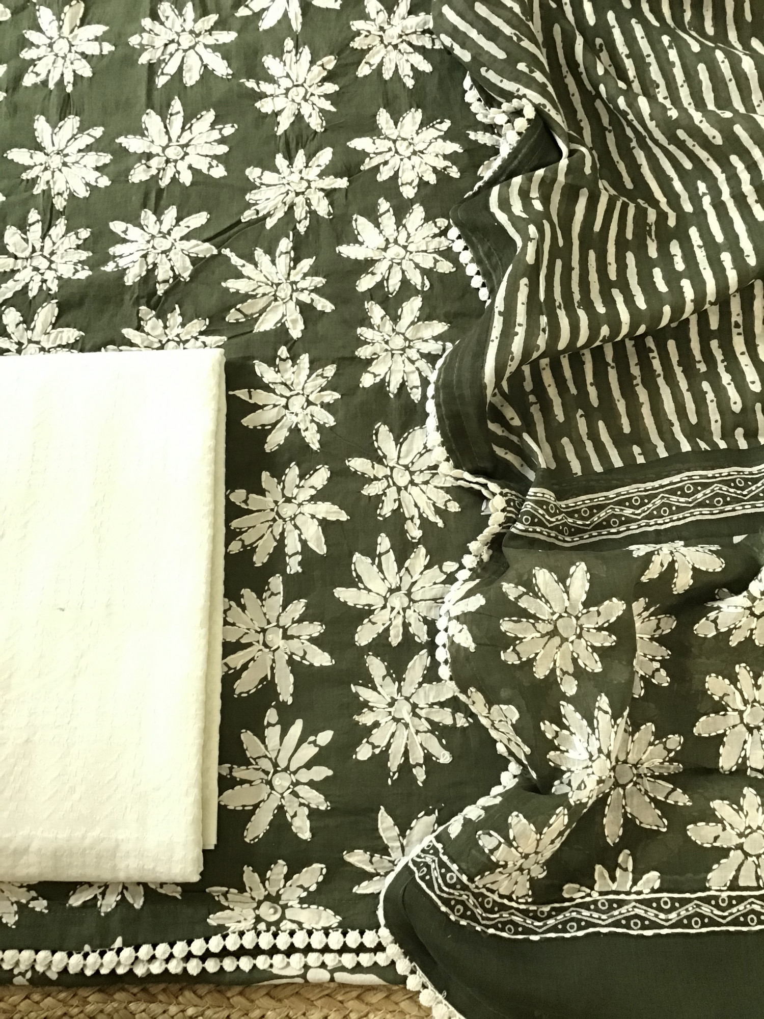 Pure Fine Cotton Printed Embroidered Suit - Green