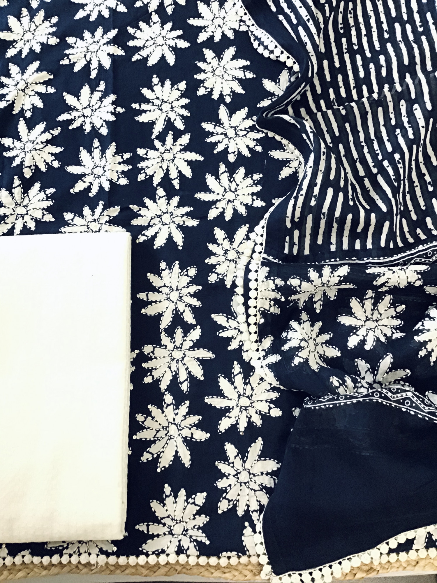 Pure Fine Cotton Printed Embroidered Suit - Blue