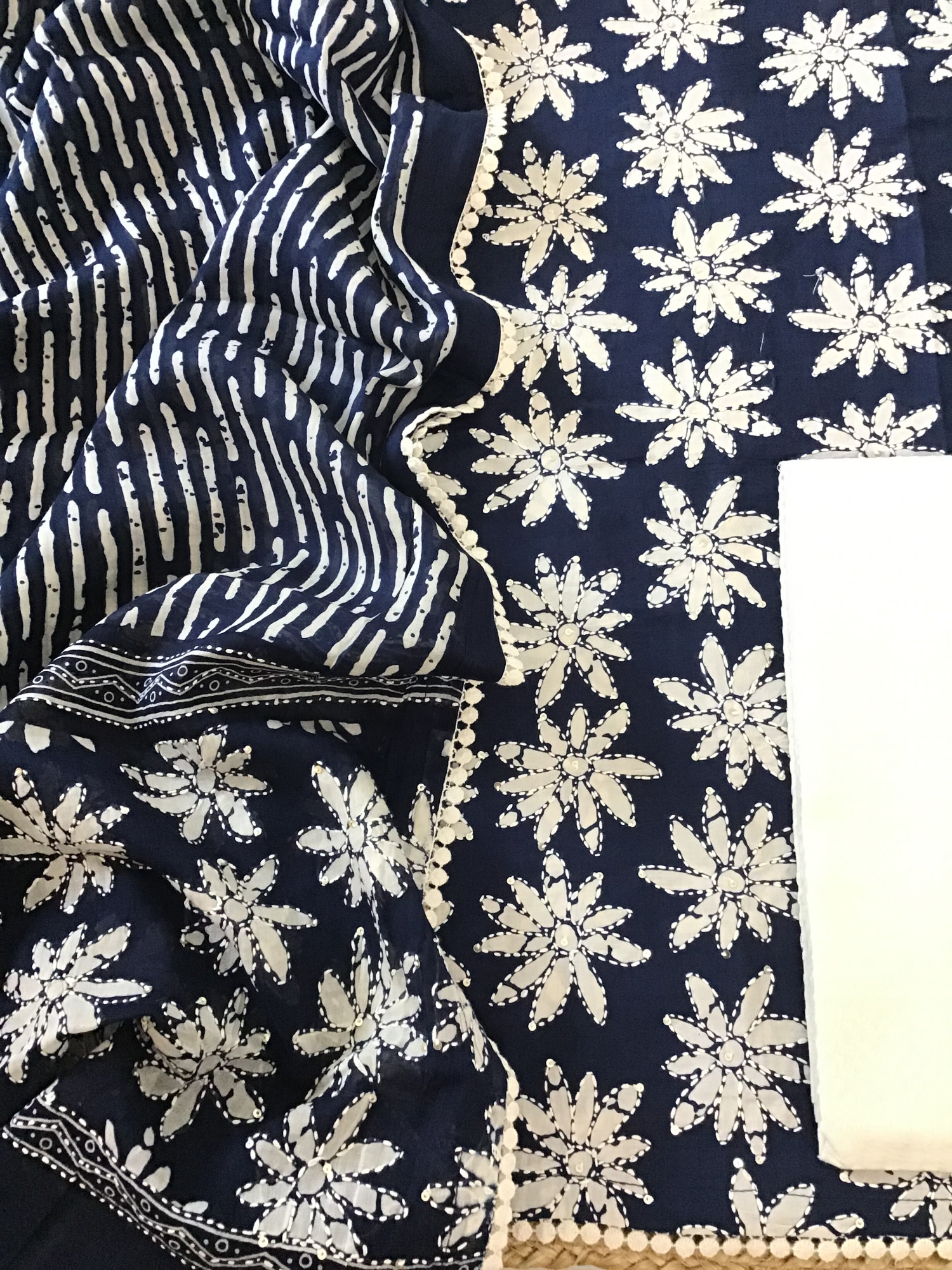 Pure Fine Cotton Printed Embroidered Suit - Blue