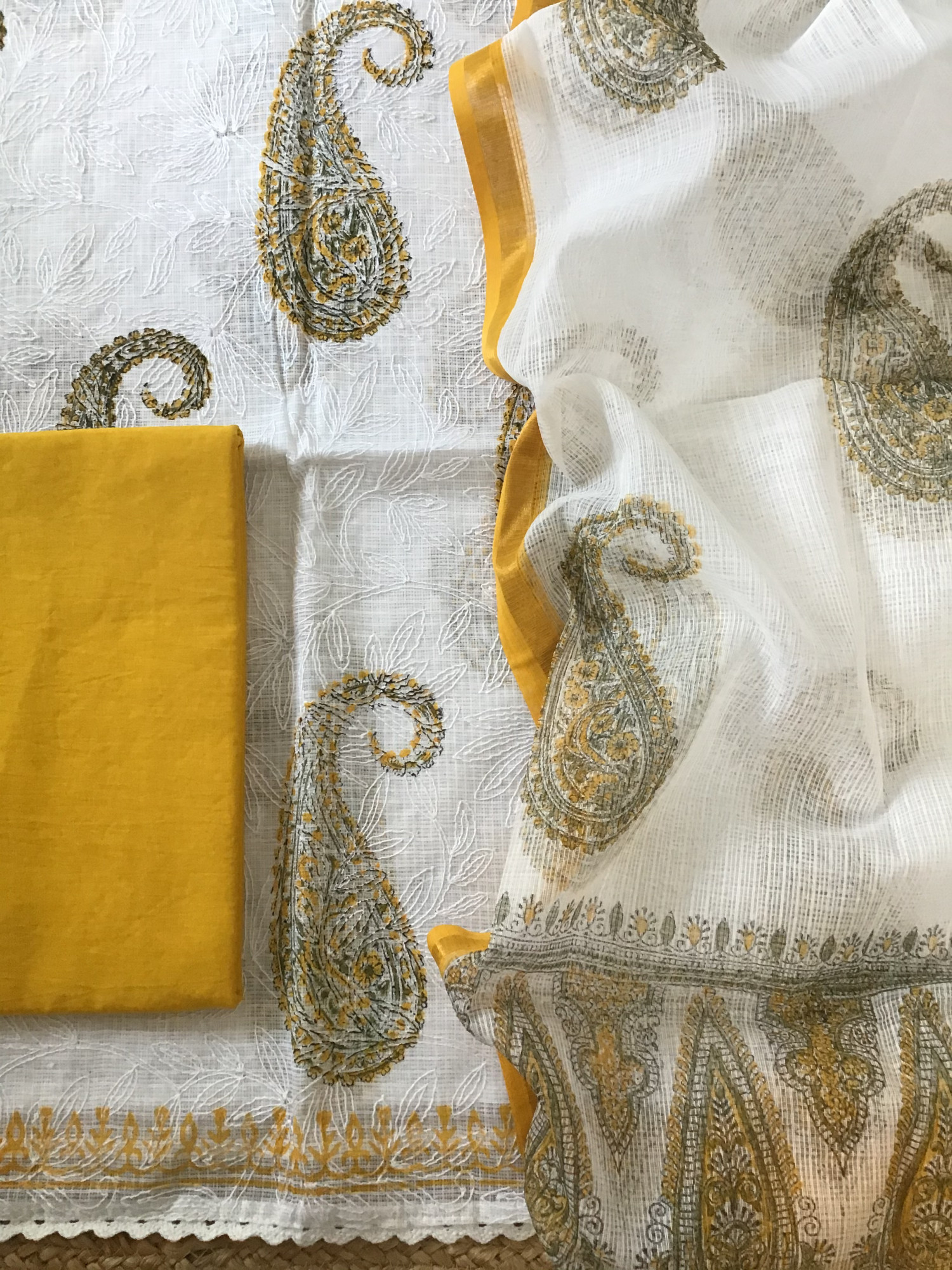 Pure Kota Cotton Printed Embroidered Suit - White