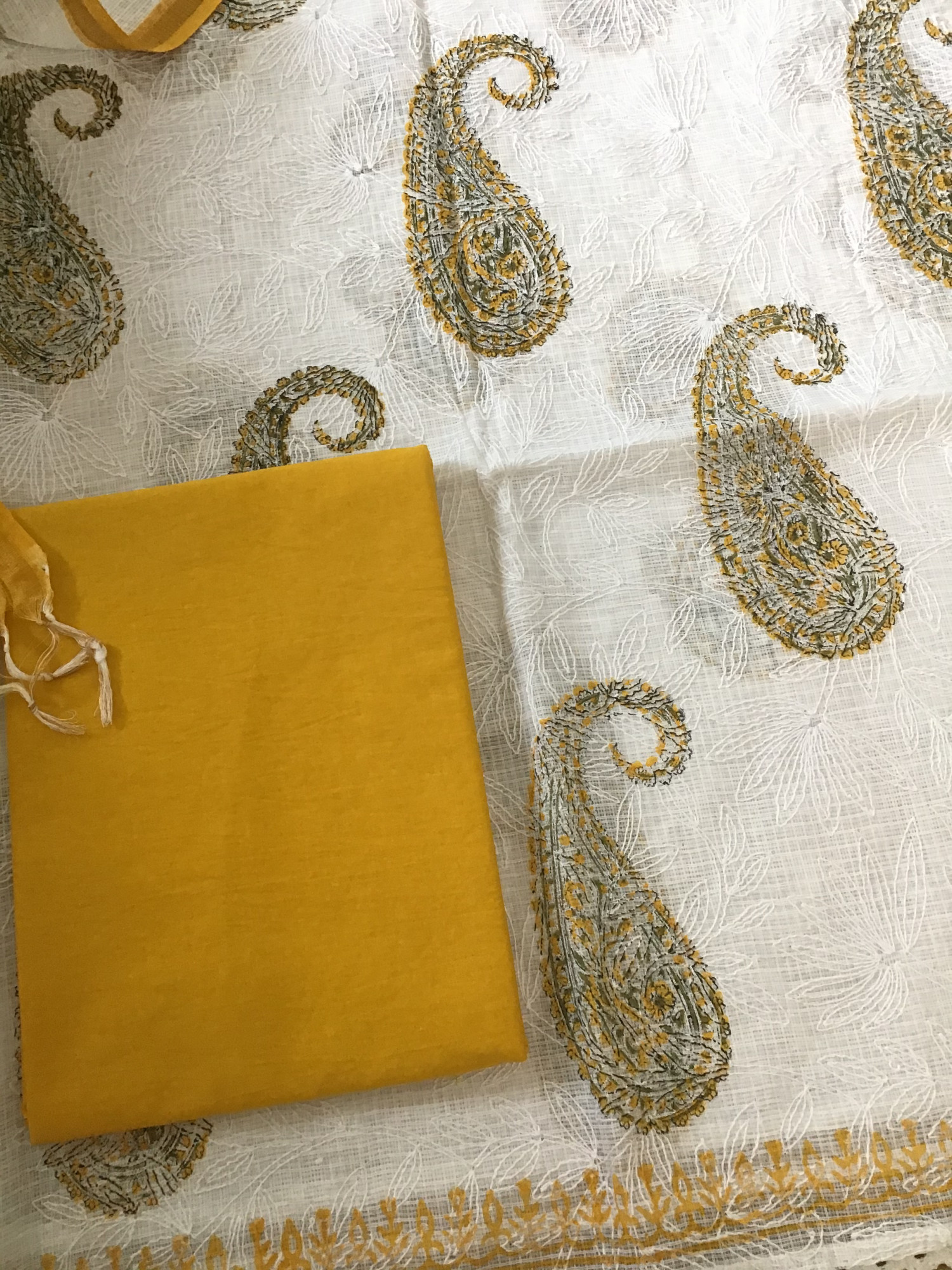 Pure Kota Cotton Printed Embroidered Suit - White