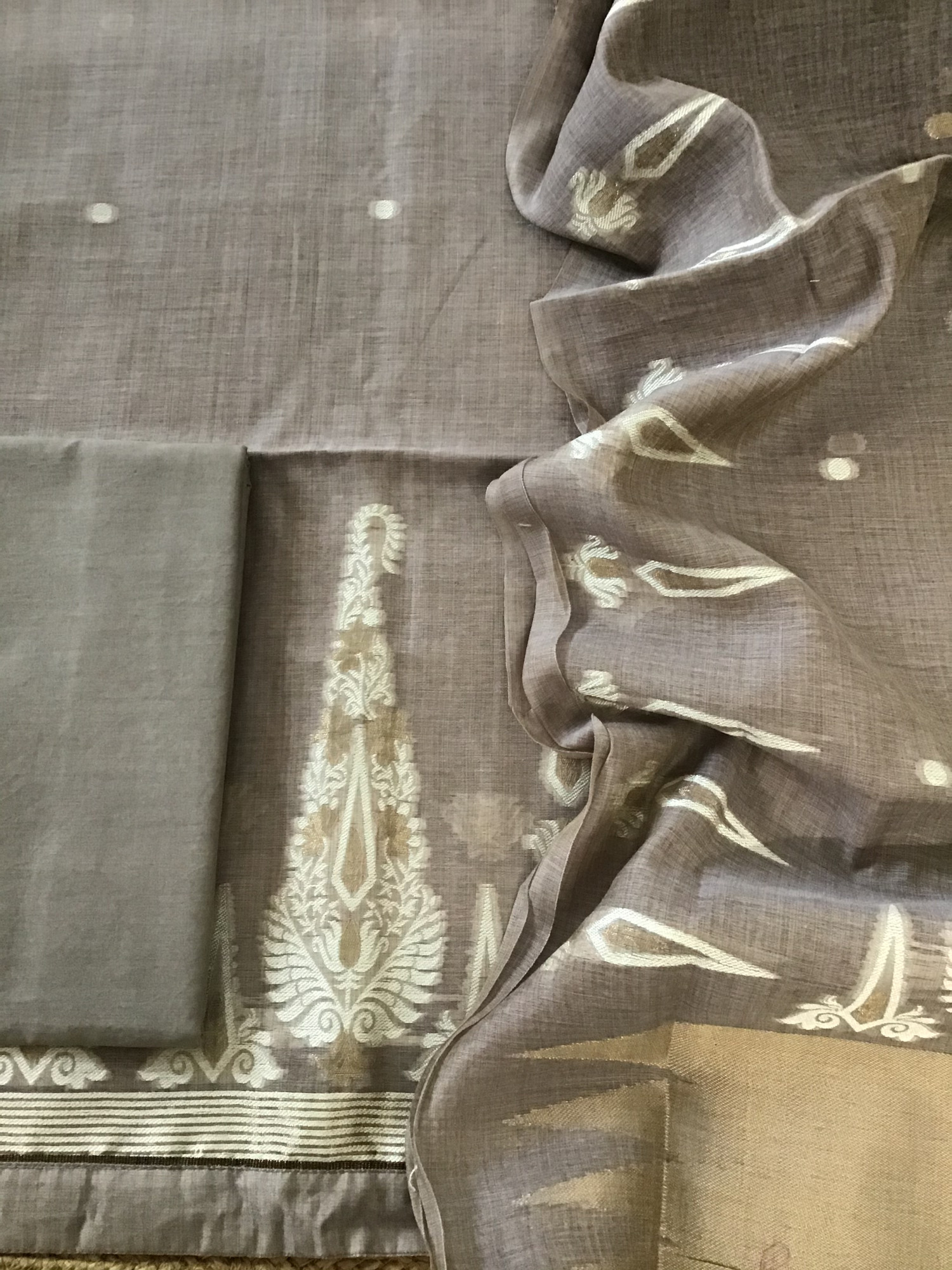 Soft Slub Chanderi Jamdani Weaved Suit - Beige