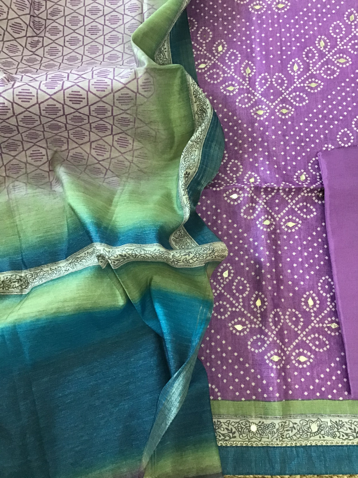 Soft Semi Tussar Silk Printed Embroidered Suit - Purple