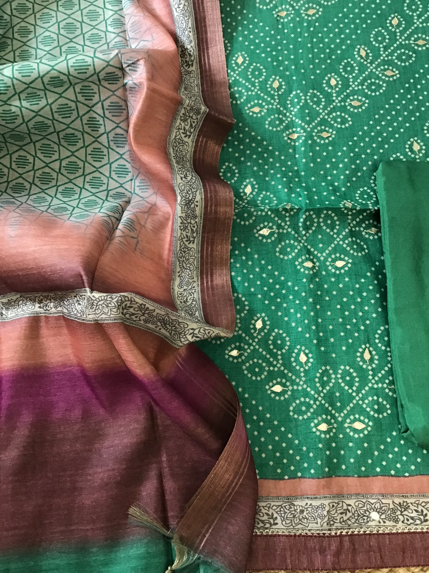 Soft Semi Tussar Silk Printed Embroidered Suit - Green