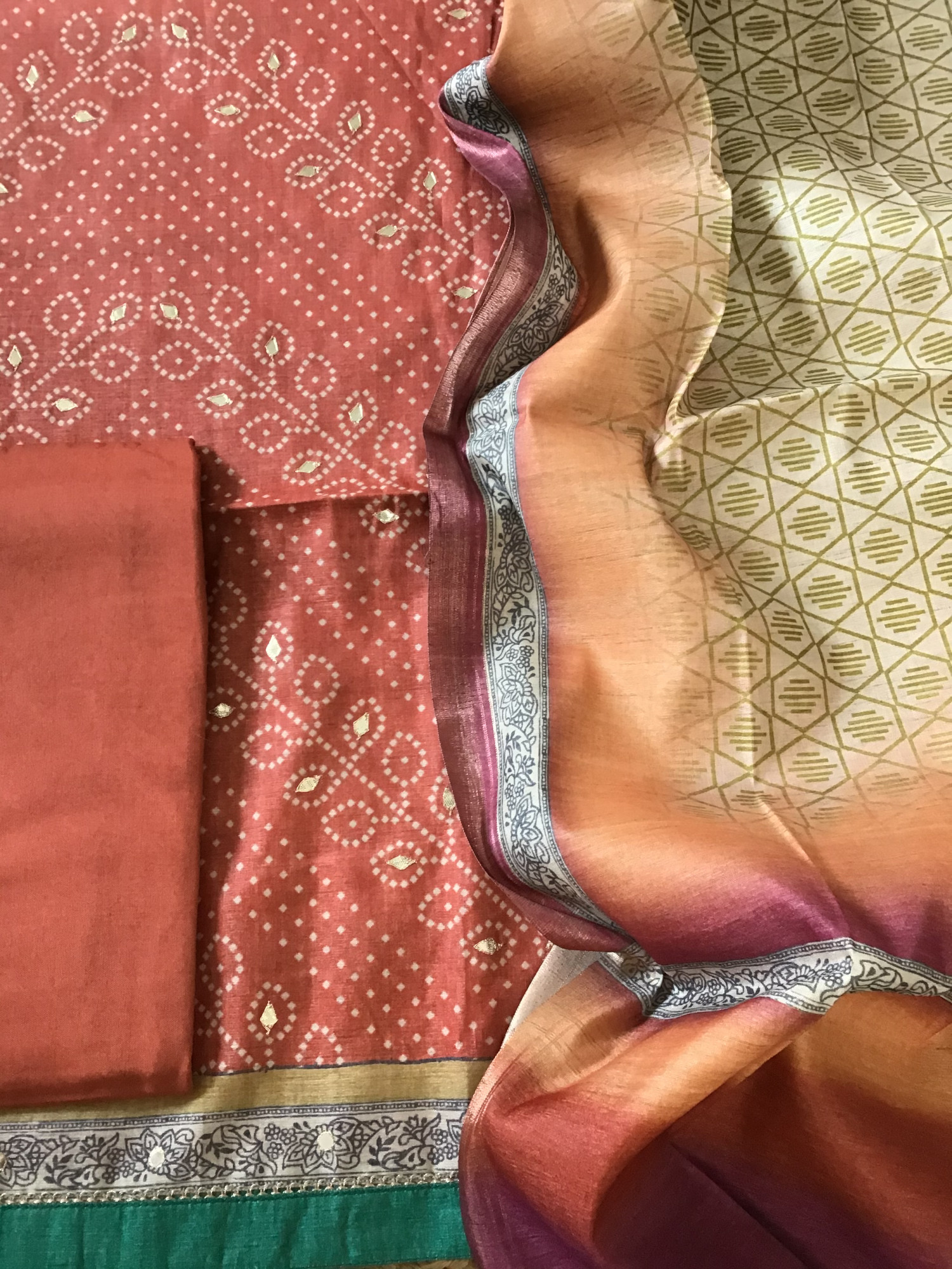 Soft Semi Tussar Silk Printed Embroidered Suit - Orange