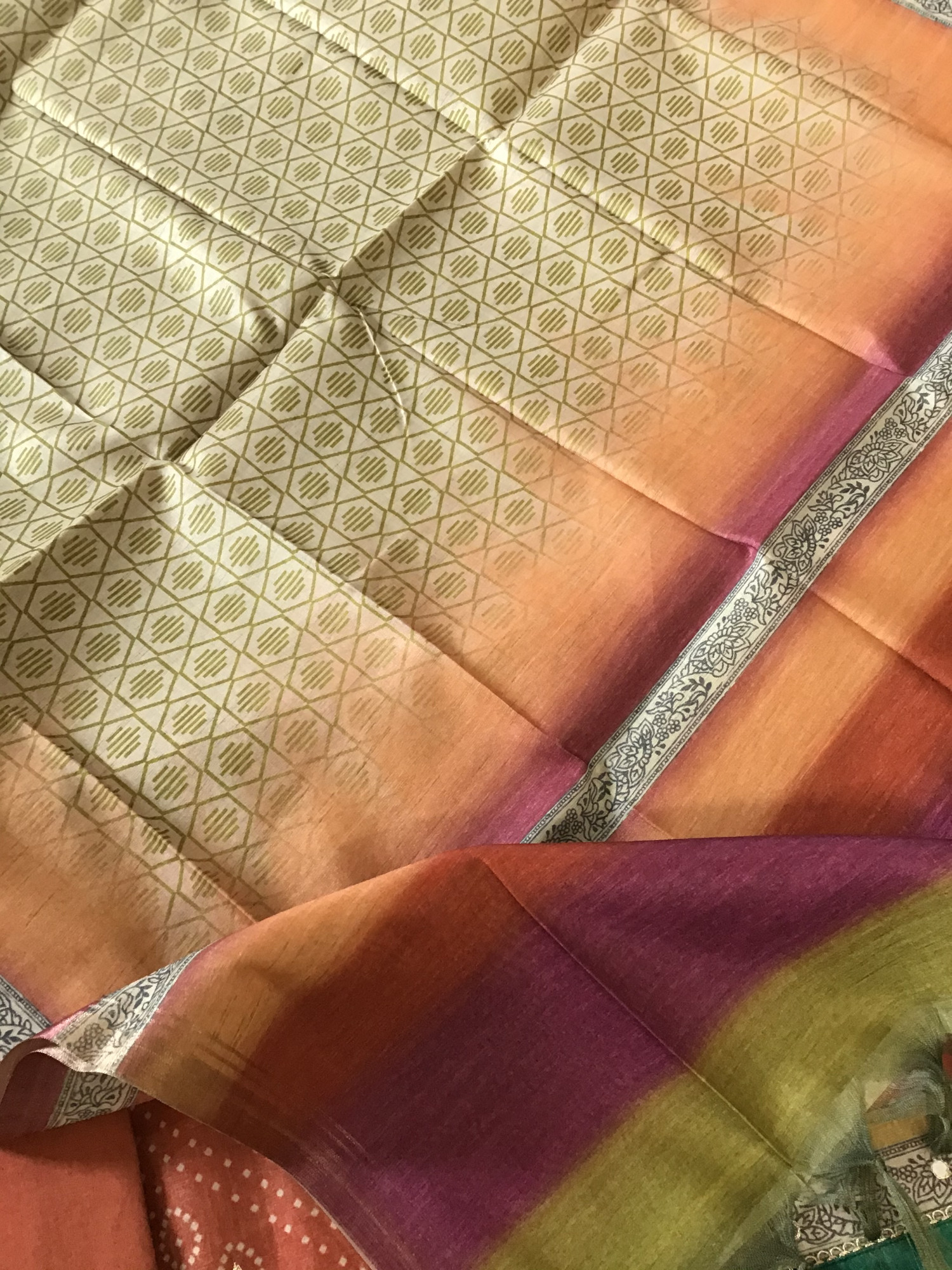 Soft Semi Tussar Silk Printed Embroidered Suit - Orange