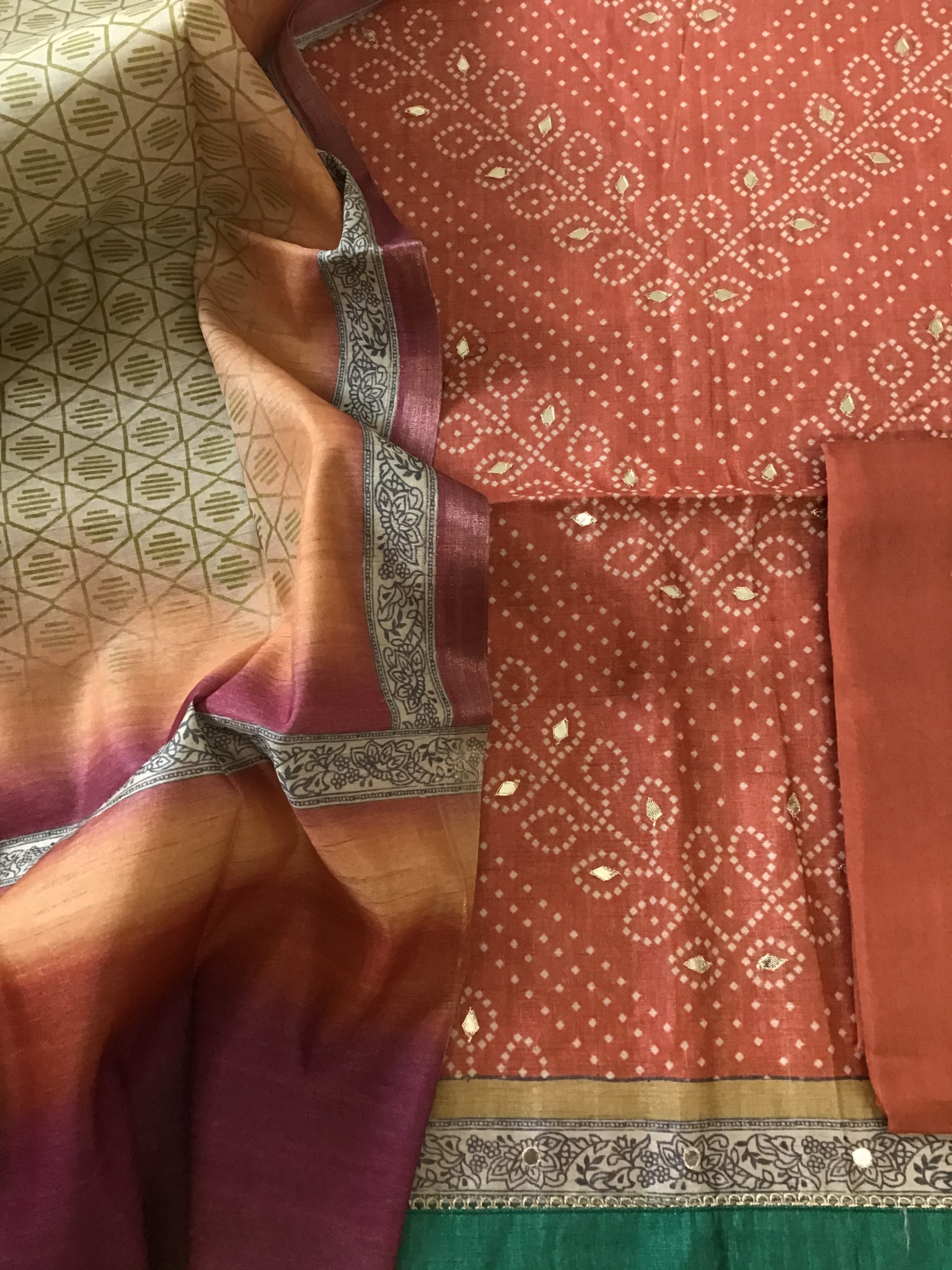 Soft Semi Tussar Silk Printed Embroidered Suit - Orange