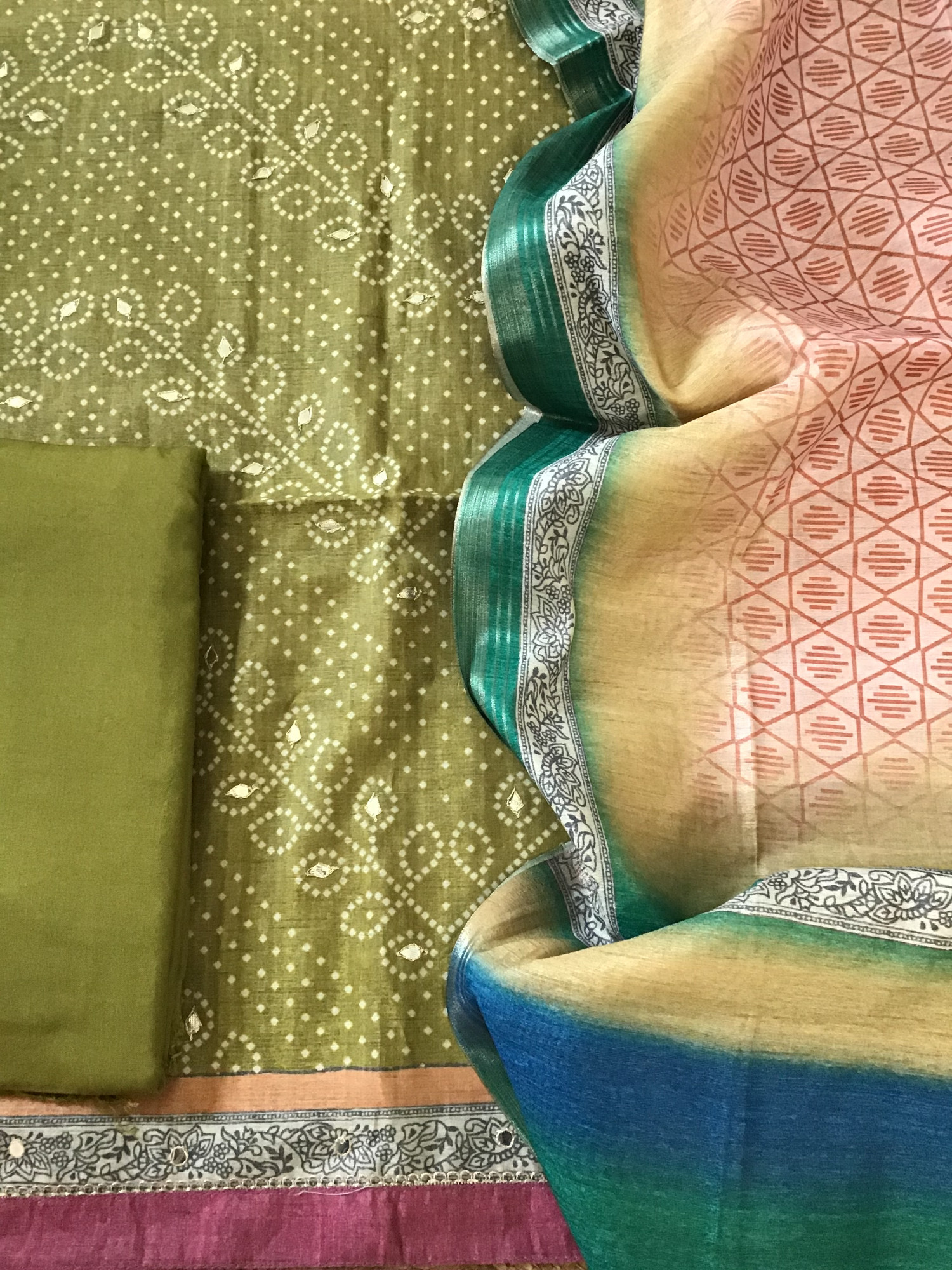 Soft Semi Tussar Silk Printed Embroidered Suit - Mehendi Green