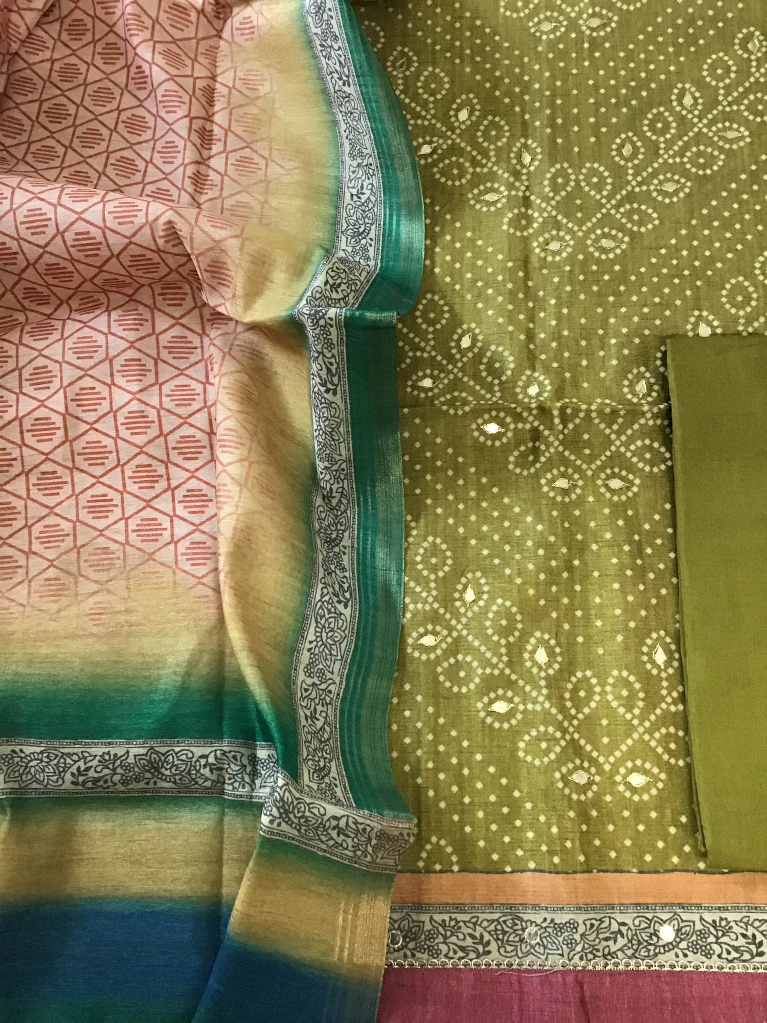 Soft Semi Tussar Silk Printed Embroidered Suit - Mehendi Green