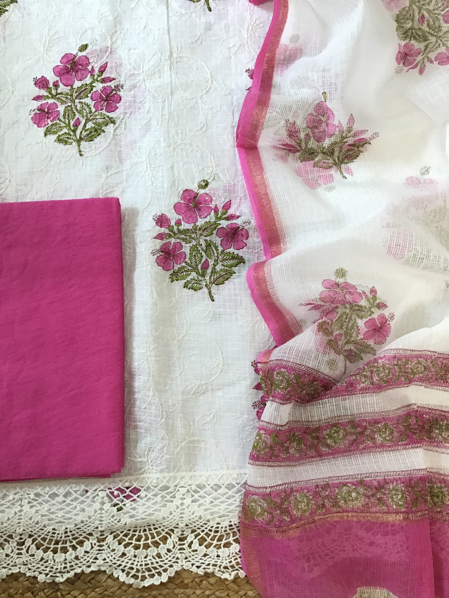 Pure Kota Cotton Printed Embroidered Suit - WhitePink