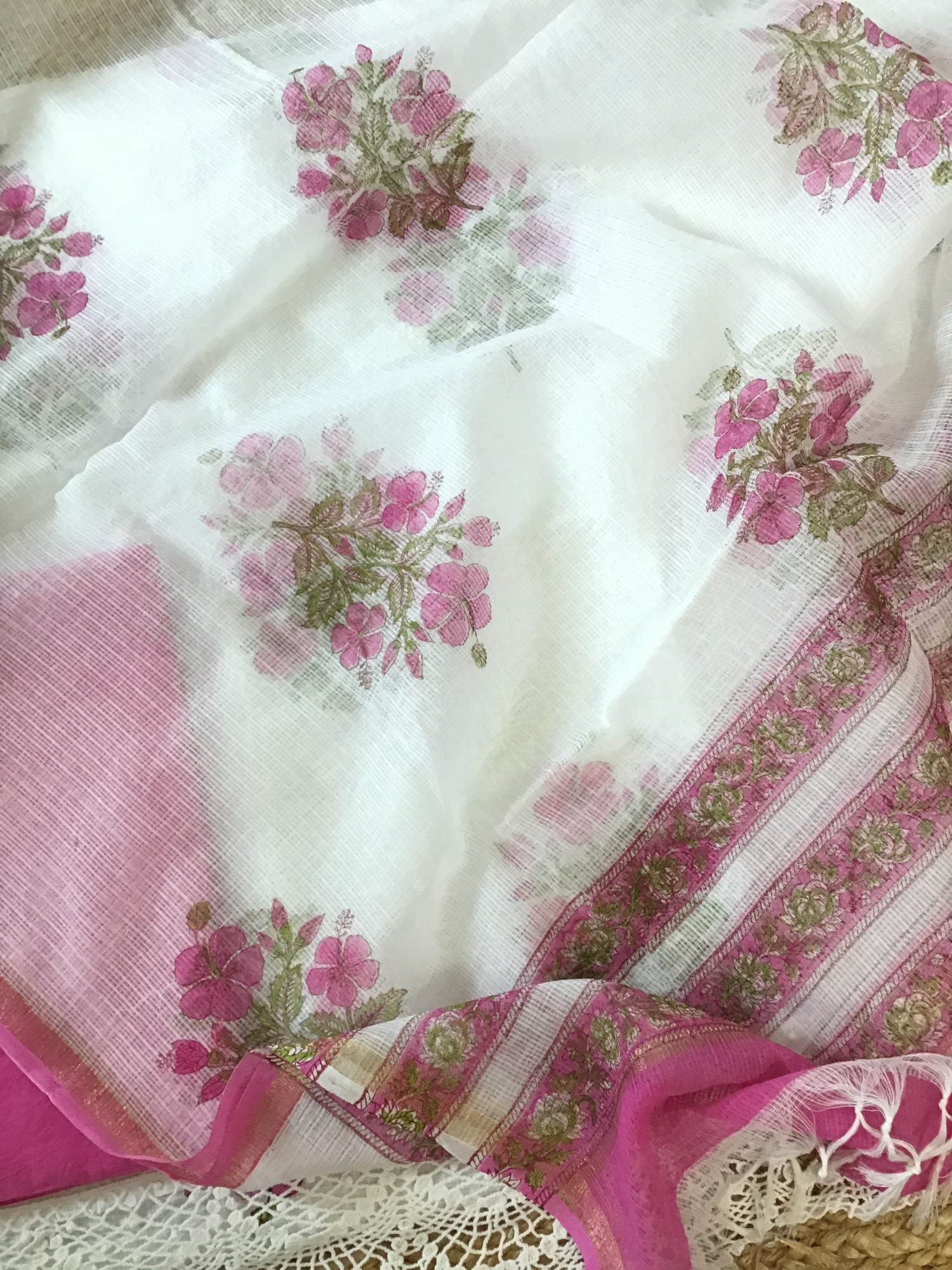Pure Kota Cotton Printed Embroidered Suit - WhitePink