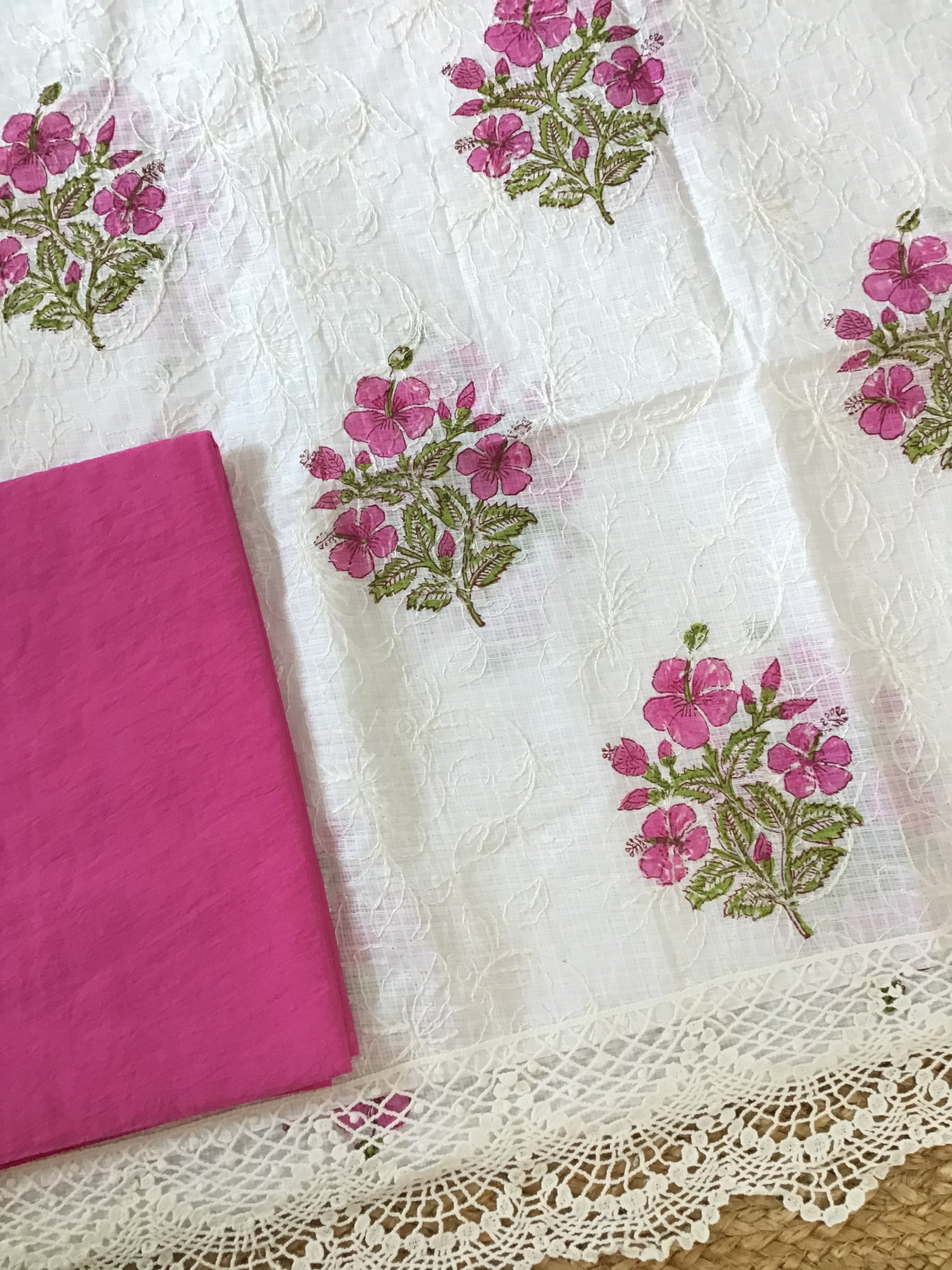 Pure Kota Cotton Printed Embroidered Suit - WhitePink