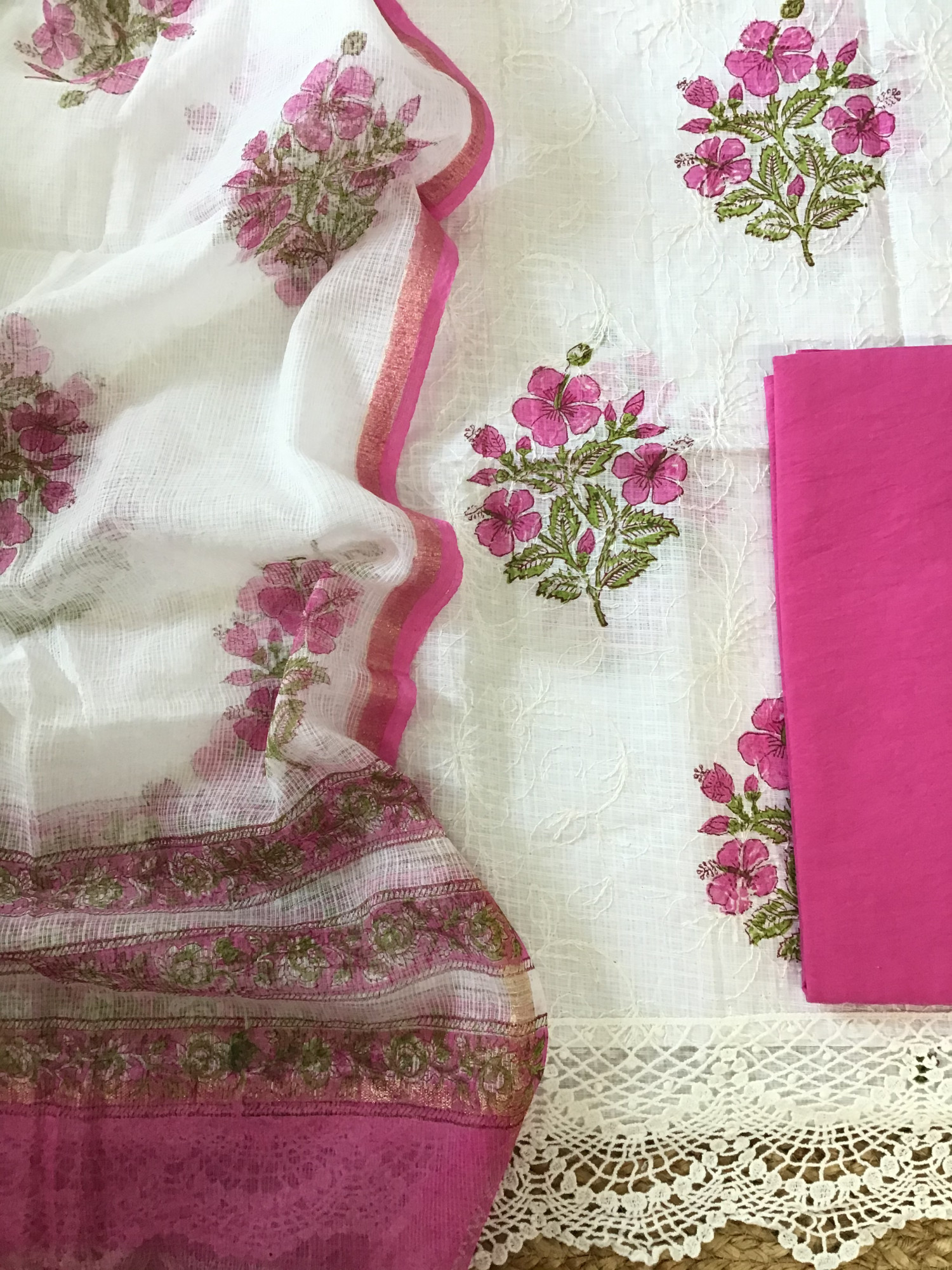 Pure Kota Cotton Printed Embroidered Suit - WhitePink