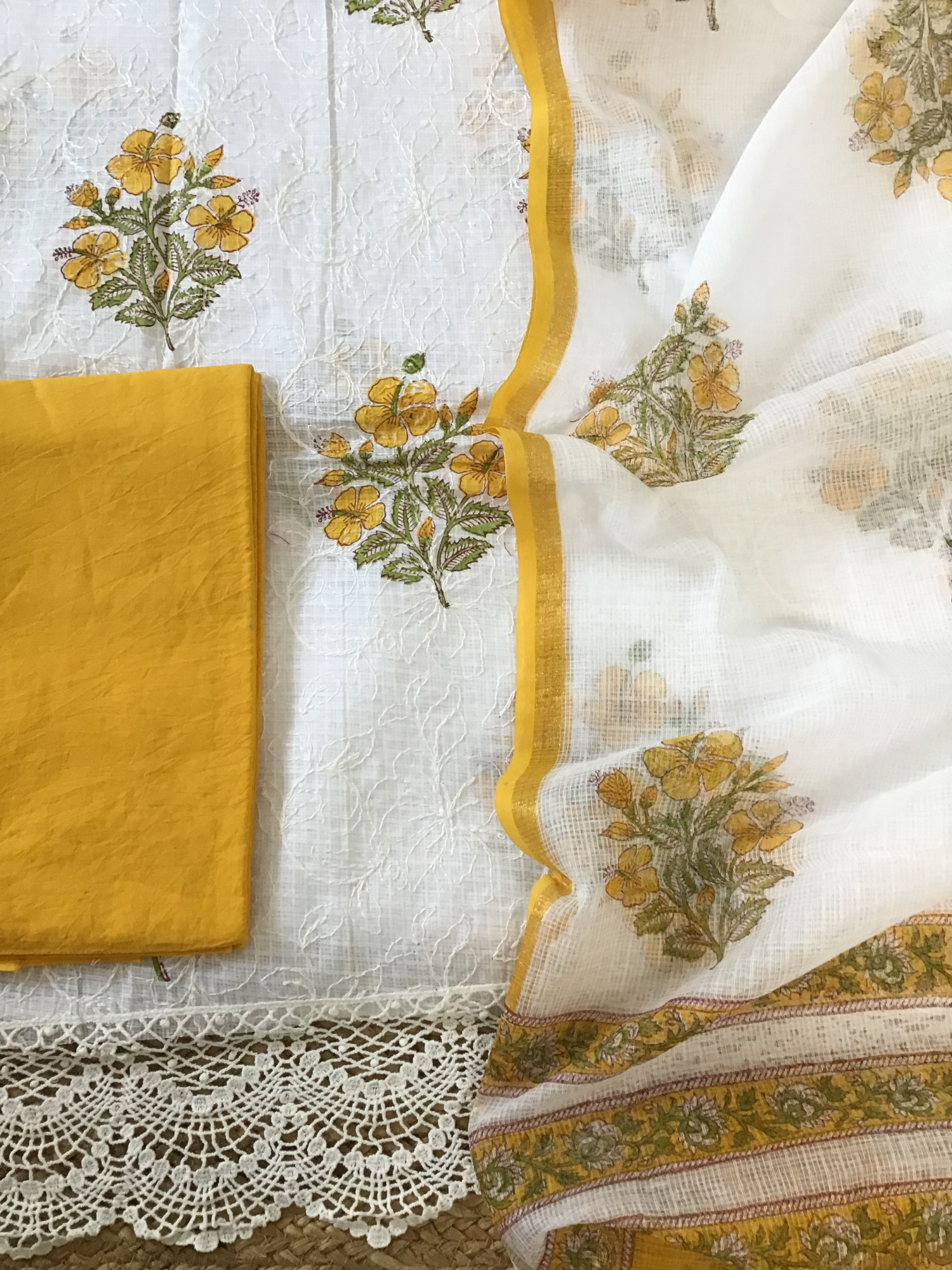 Pure Kota Cotton Printed Embroidered Suit - WhiteYellow