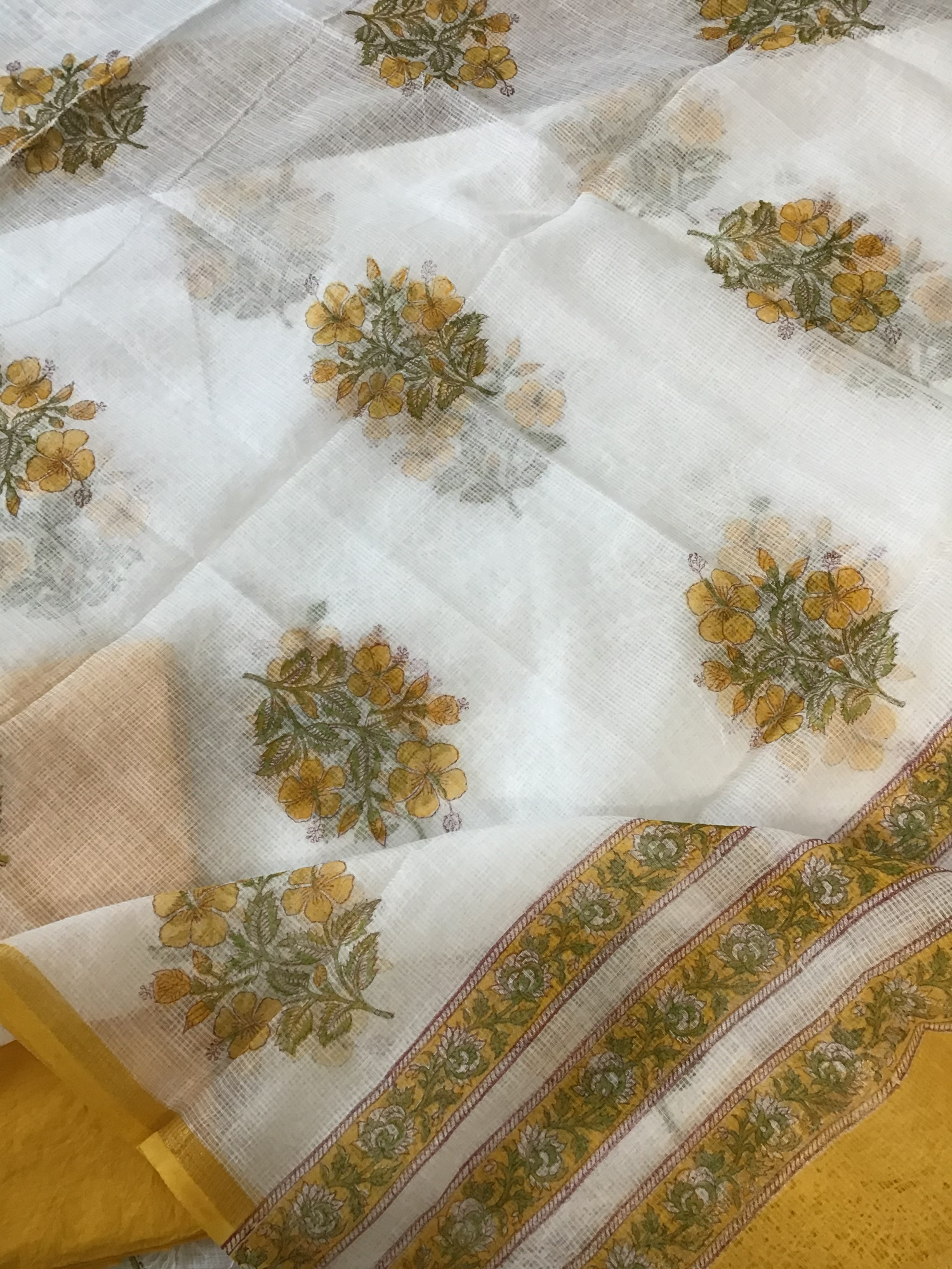 Pure Kota Cotton Printed Embroidered Suit - WhiteYellow