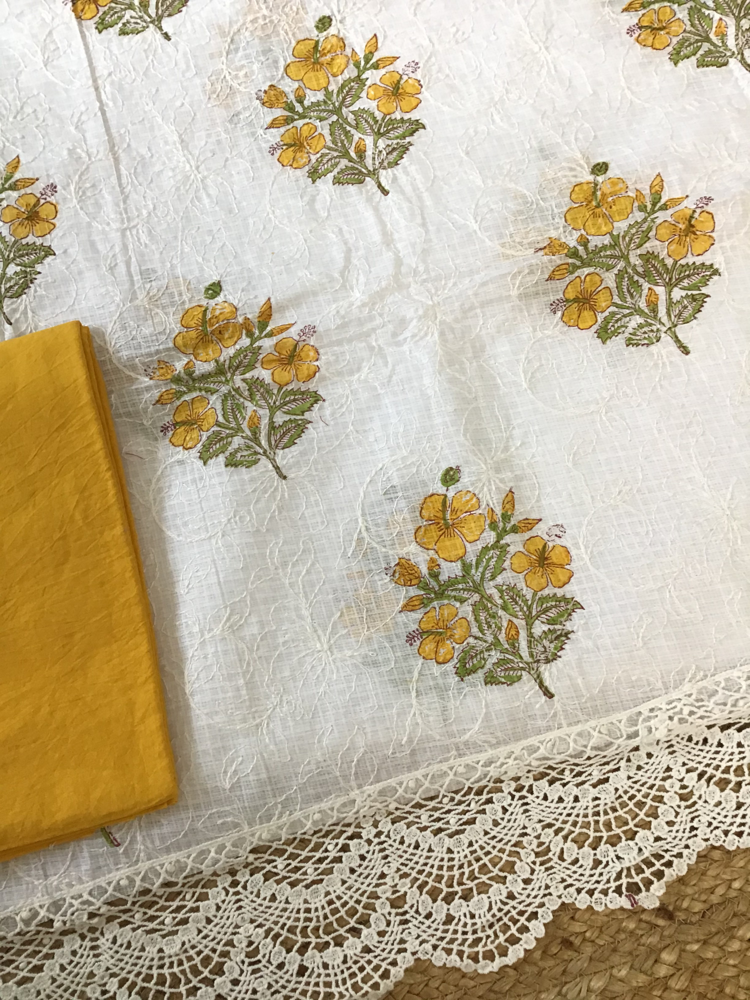 Pure Kota Cotton Printed Embroidered Suit - WhiteYellow