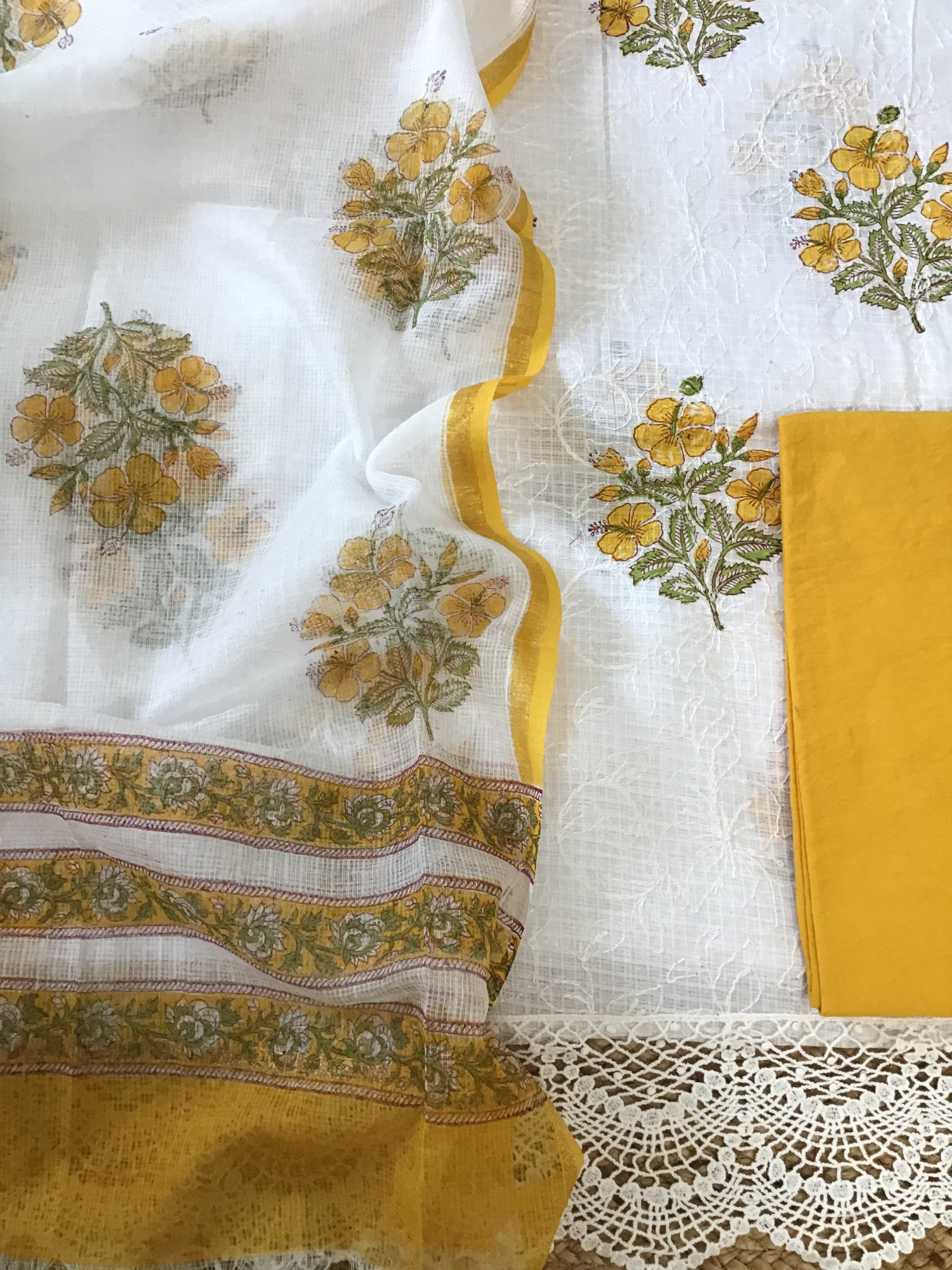 Pure Kota Cotton Printed Embroidered Suit - WhiteYellow