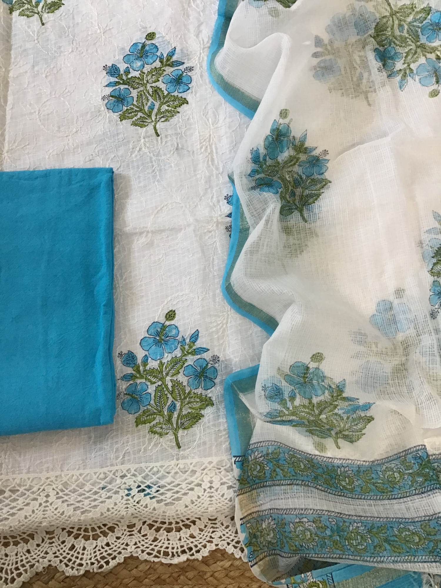 Pure Kota Cotton Printed Embroidered Suit - WhiteBlue