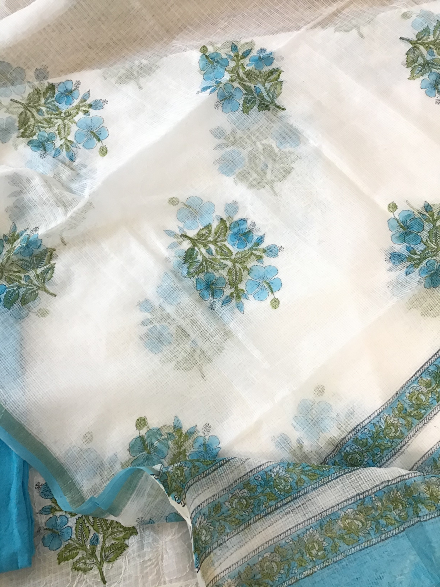 Pure Kota Cotton Printed Embroidered Suit - WhiteBlue