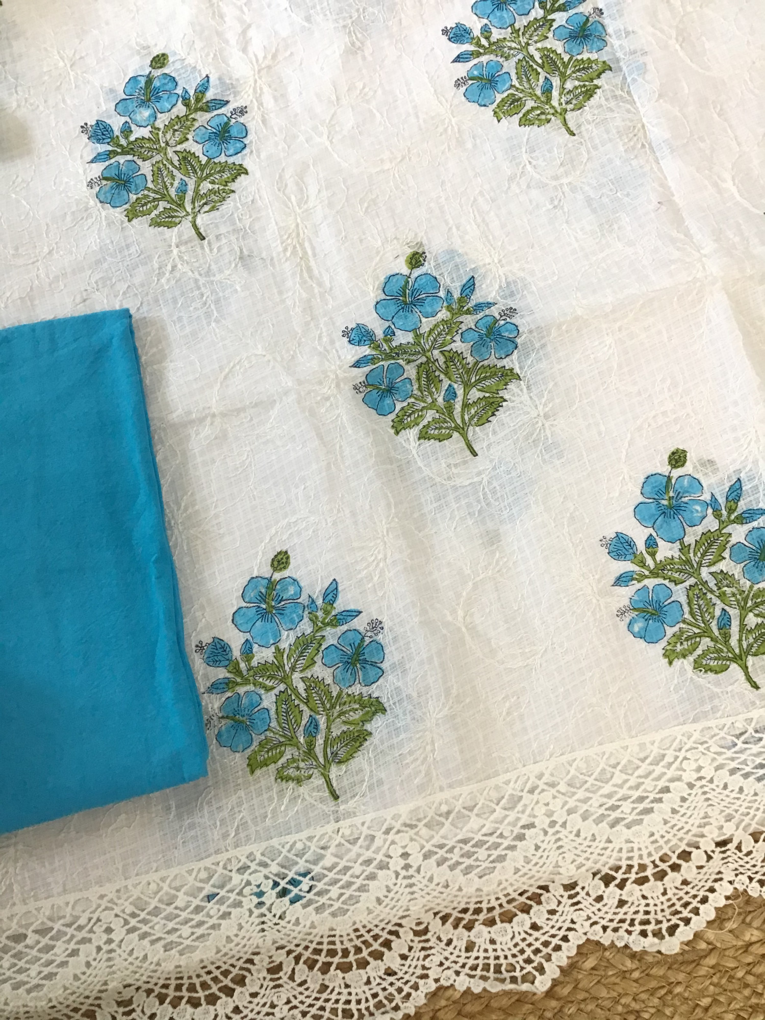 Pure Kota Cotton Printed Embroidered Suit - WhiteBlue