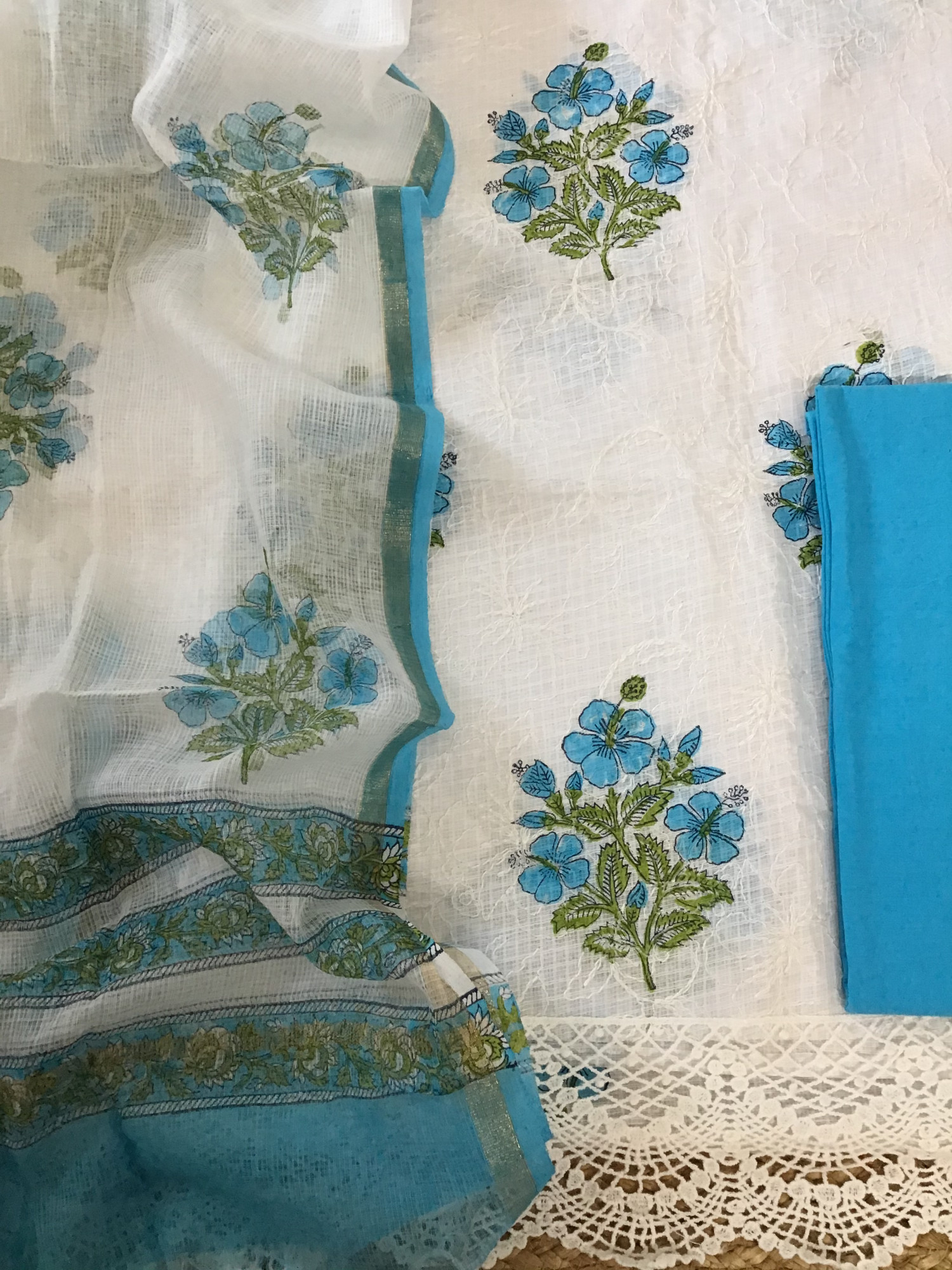 Pure Kota Cotton Printed Embroidered Suit - WhiteBlue