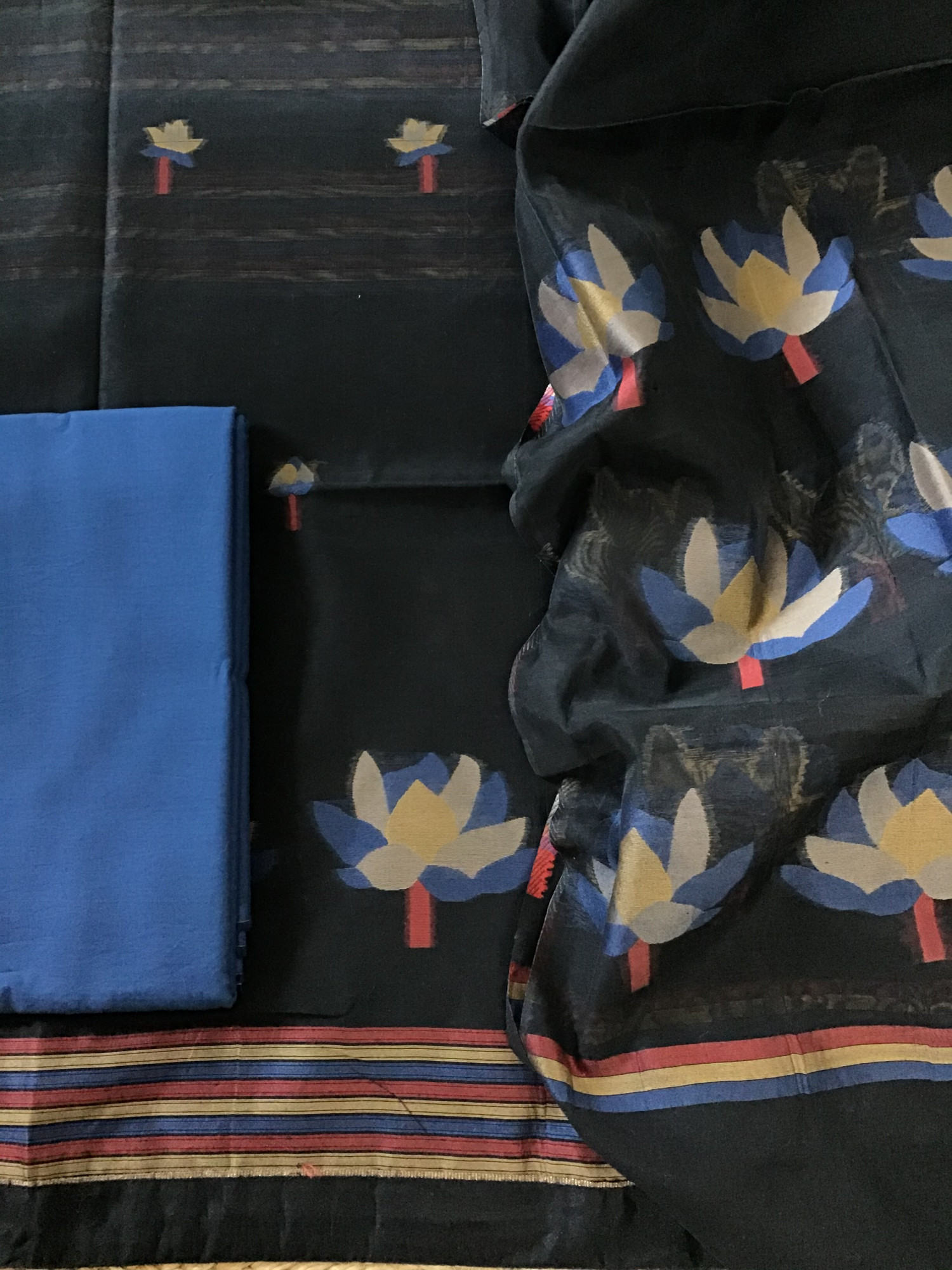 Soft Slub Chanderi Jamdani Weaved Suit - BlackBlue