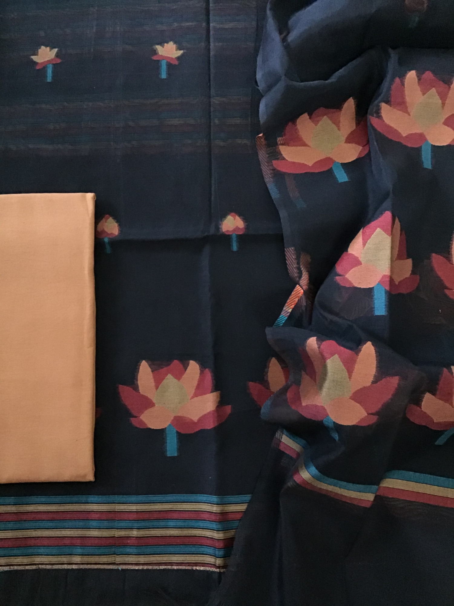 Soft Slub Chanderi Jamdani Weaved Suit - BlackOrange